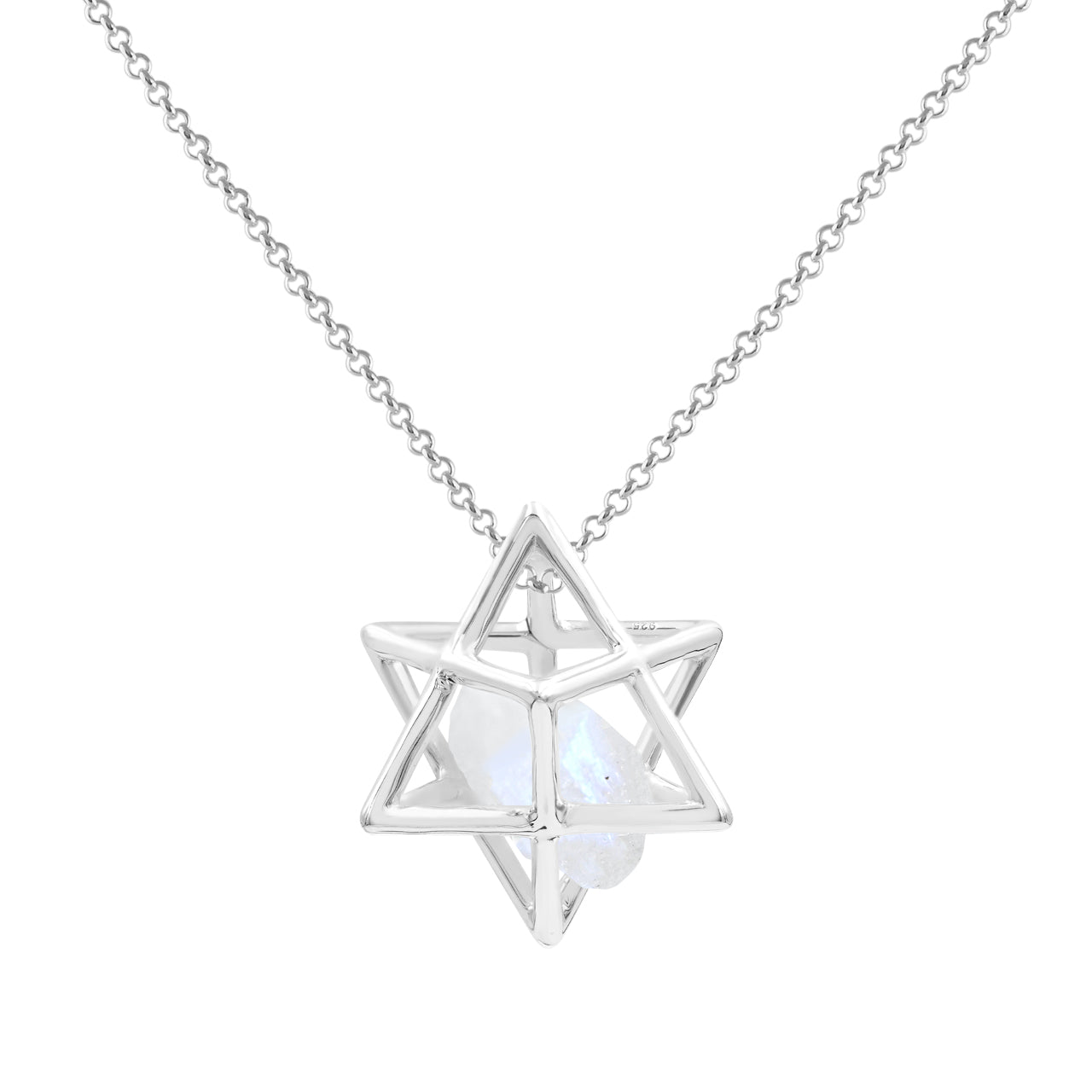 Starborn Natural Raw Rainbow Moonstone in Merkabah Sterling Silver Cage Pendant and Chain