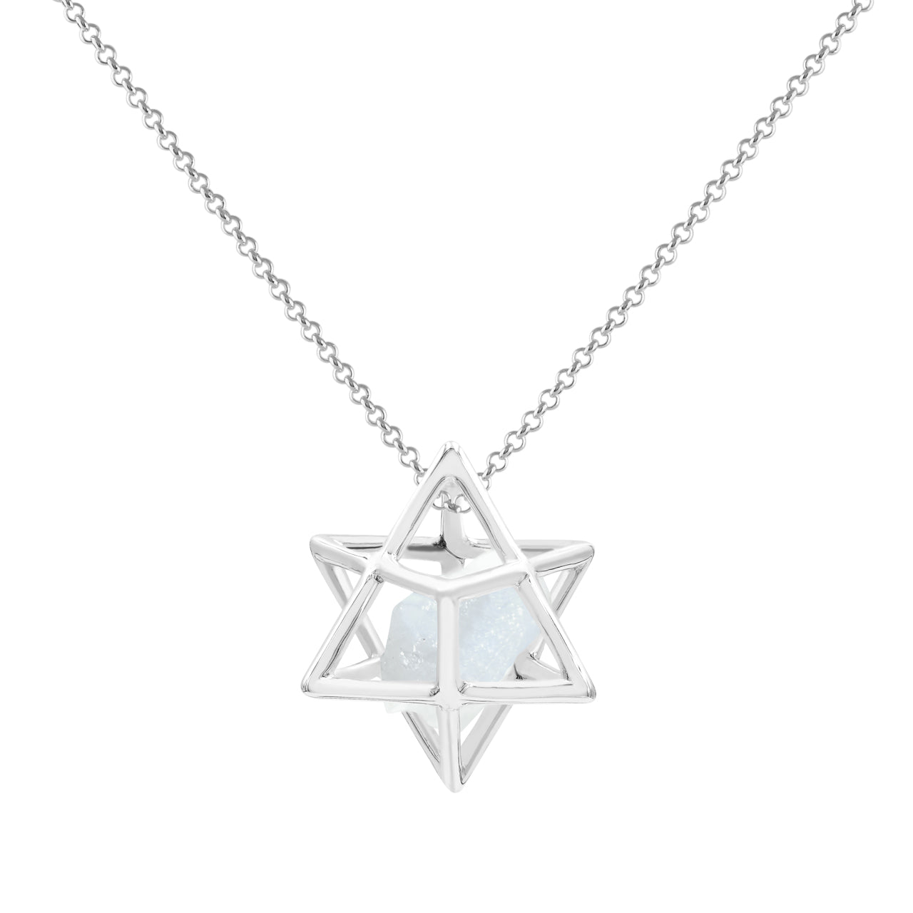 Starborn Natural Raw Rainbow Moonstone in Merkabah Sterling Silver Cage Pendant and Chain