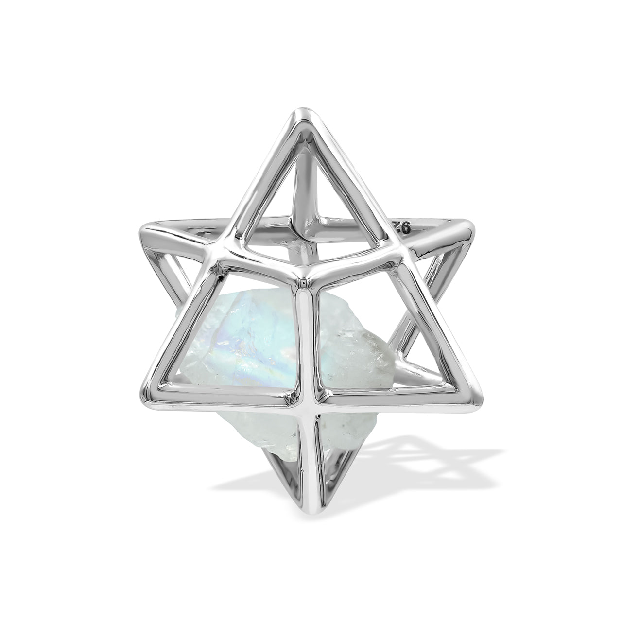 Starborn Natural Raw Rainbow Moonstone in Merkabah Sterling Silver Cage Pendant and Chain