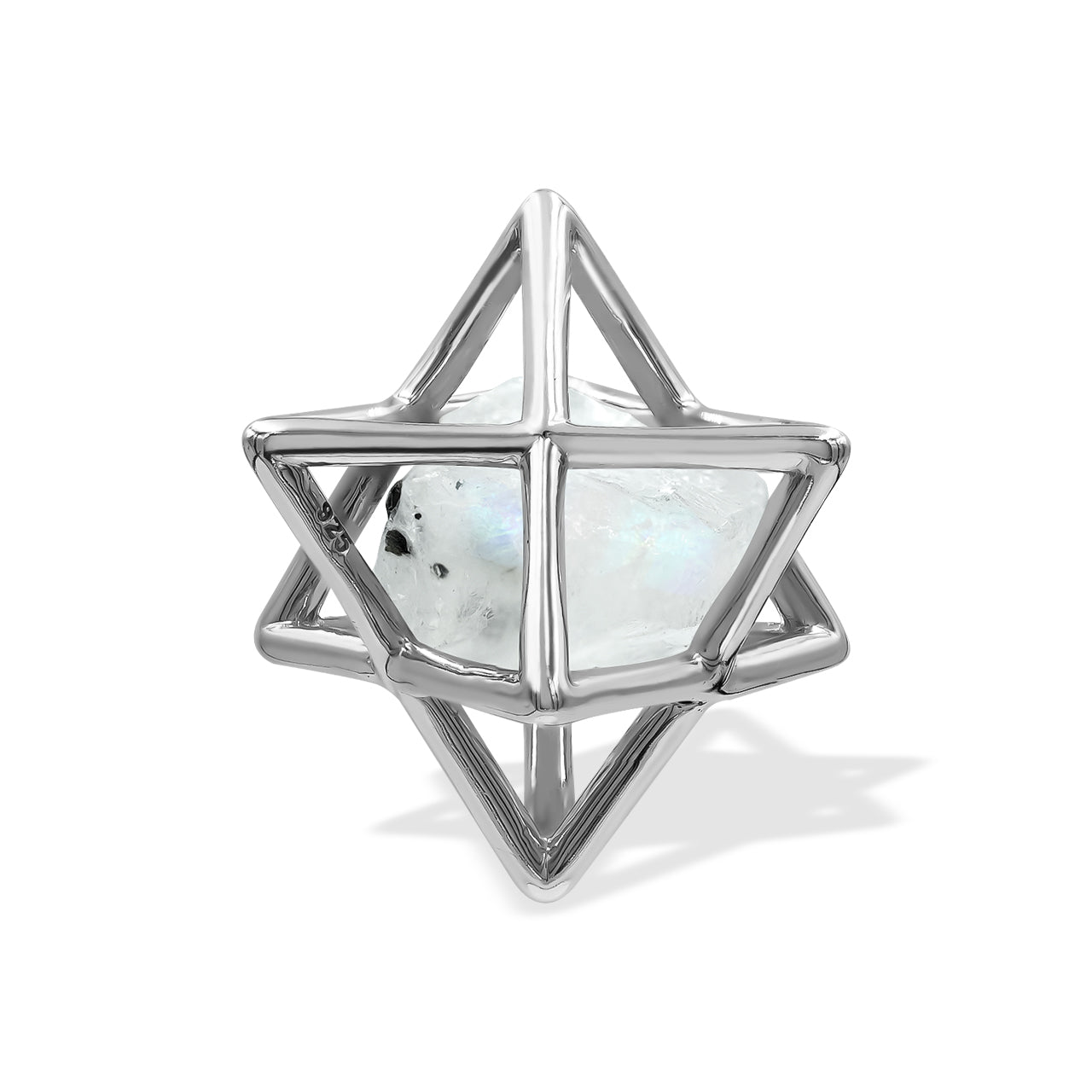 Starborn Natural Raw Rainbow Moonstone in Merkabah Sterling Silver Cage Pendant and Chain