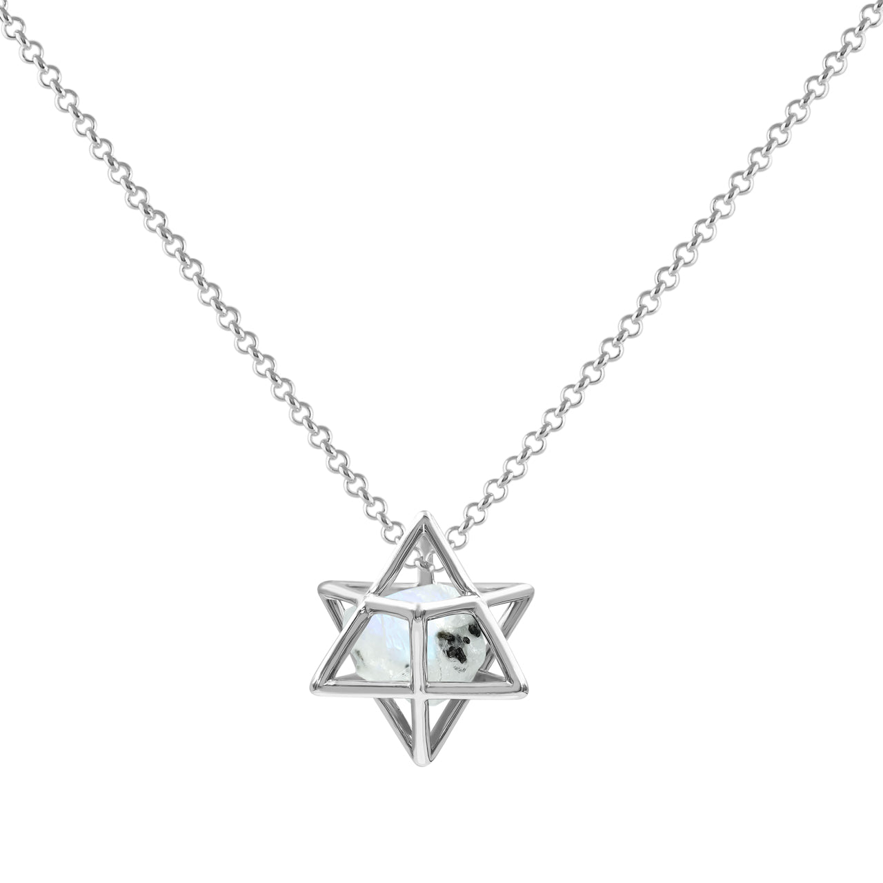 Starborn Natural Raw Gemstone in Merkabah Sterling Silver Cage Pendant and Chain