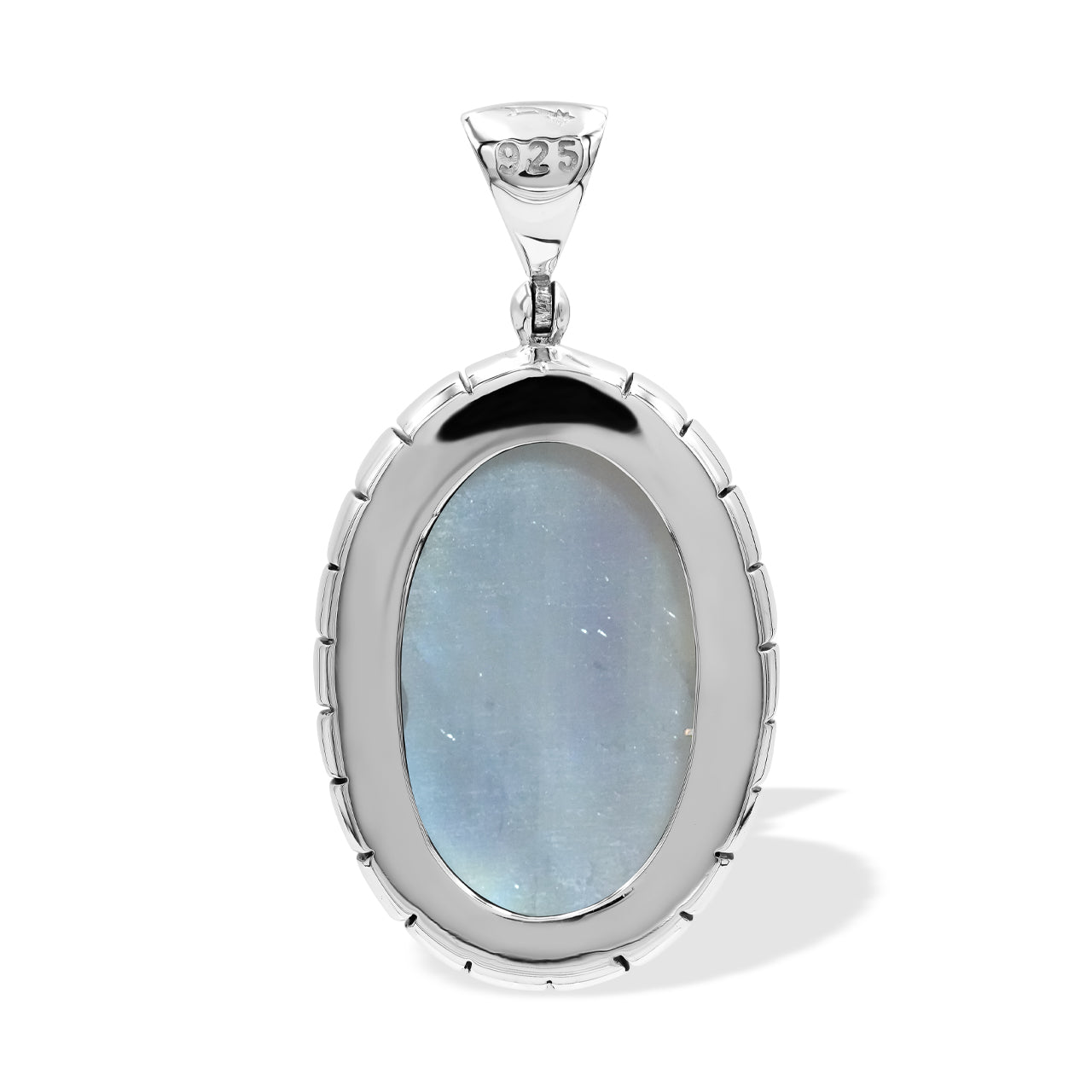 Starborn Rainbow Moonstone Oval Pendant Featuring Striped Accent Bezel in Sterling Silver