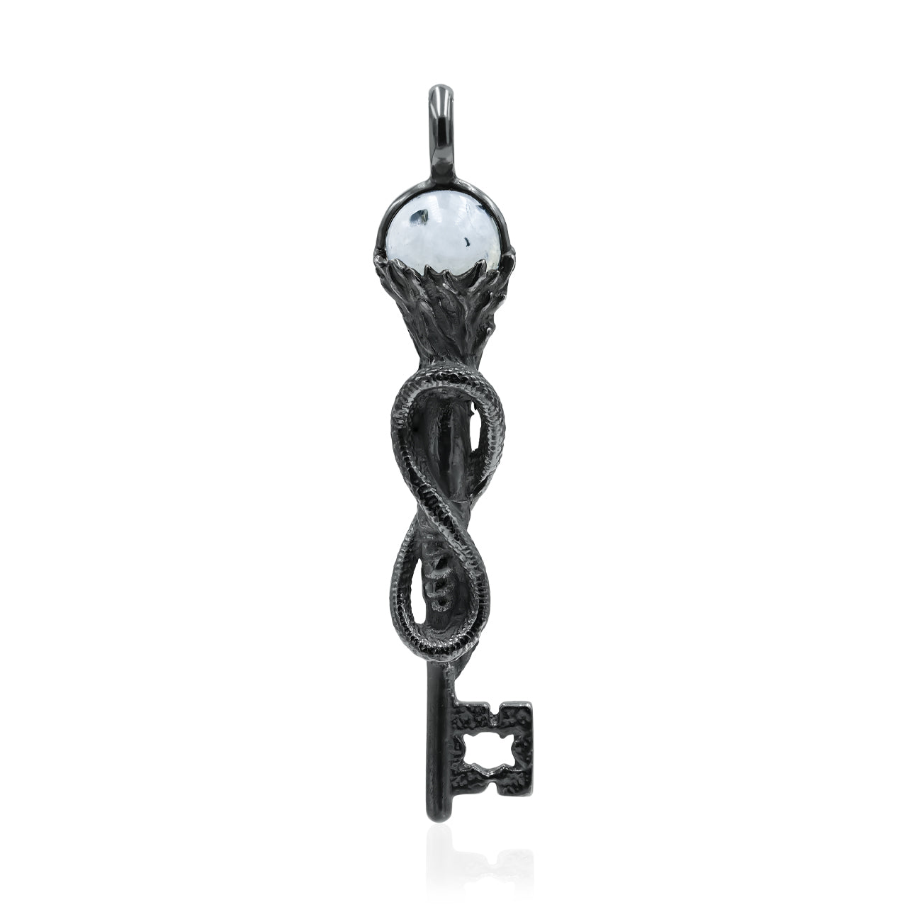 Starborn Rainbow Moonstone Sphere 10mm Hecate Skeleton Key Torch Pendant with Snake in Sterling Silver