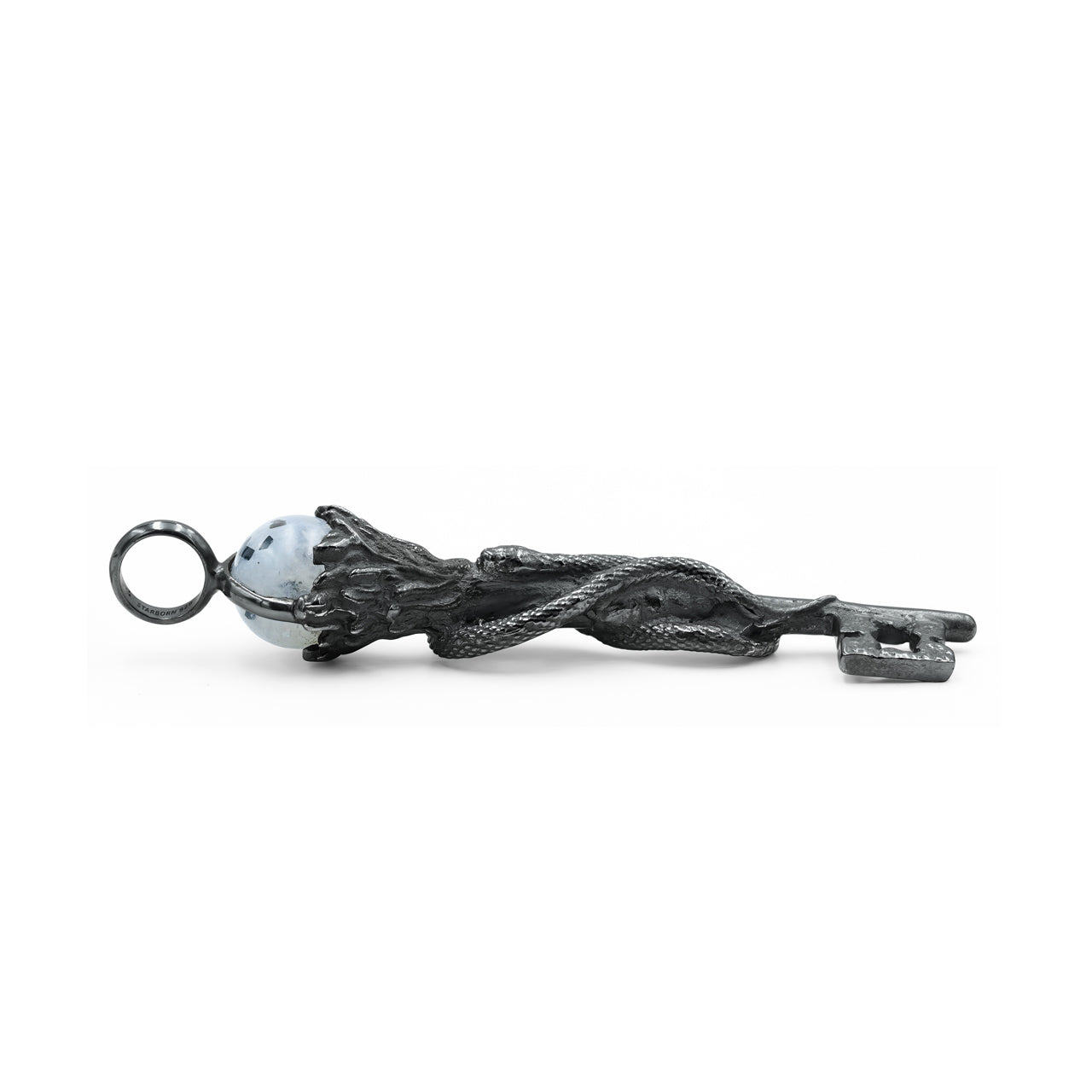 Starborn Rainbow Moonstone Sphere 10mm Hecate Skeleton Key Torch Pendant with Snake in Sterling Silver