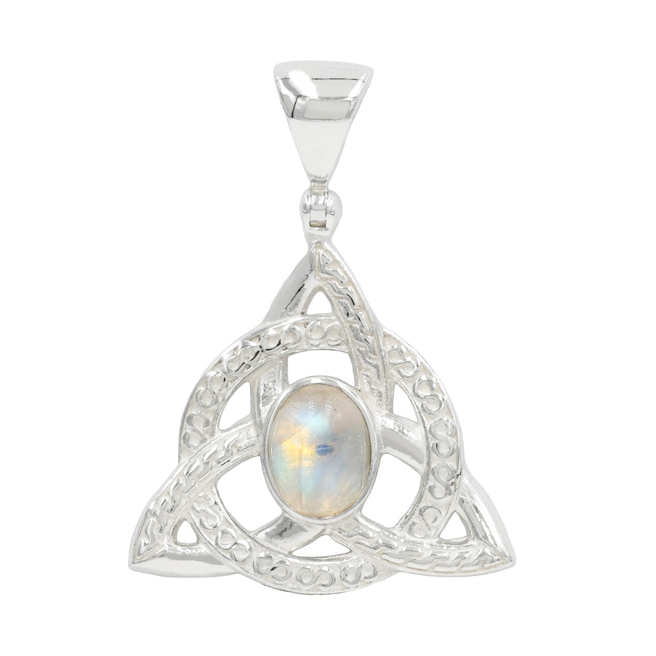 Starborn Rainbow Moonstone Triquetra Pendant in Sterling Silver