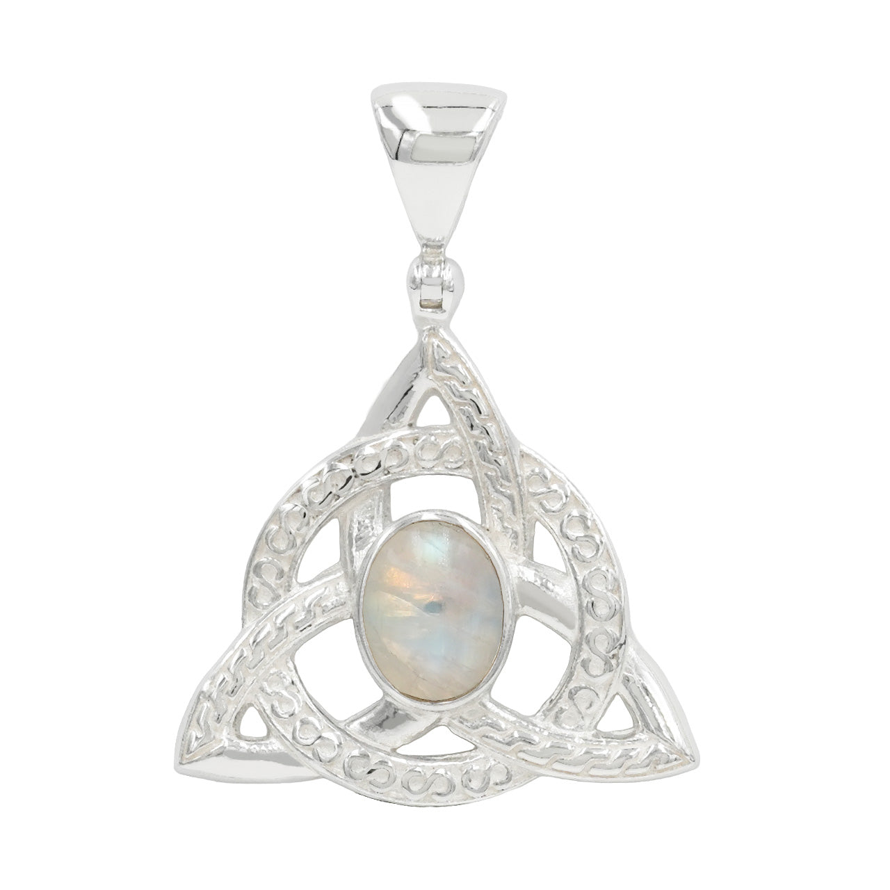 Starborn Rainbow Moonstone Triquetra Pendant in Sterling Silver