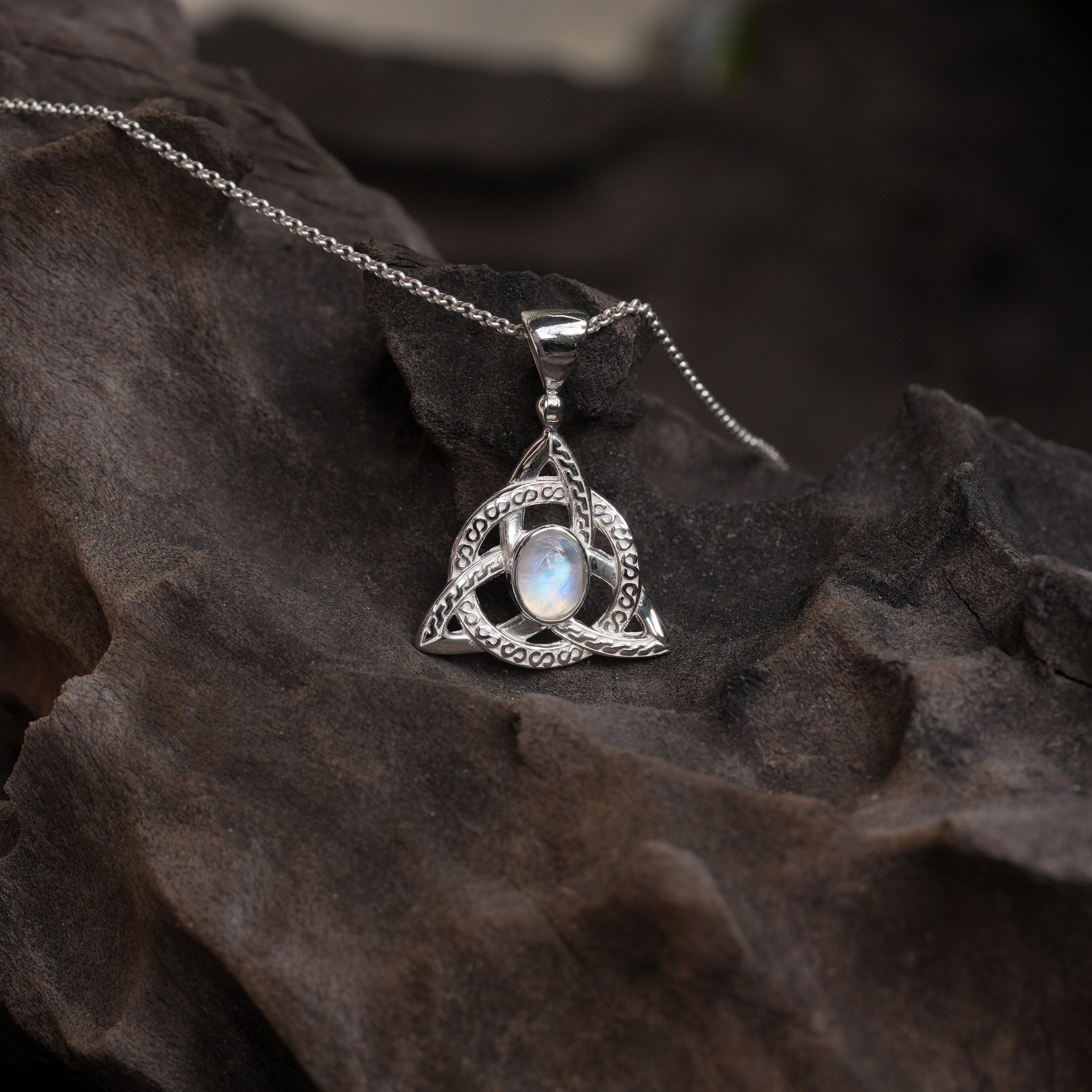 Starborn Rainbow Moonstone Triquetra Pendant in Sterling Silver