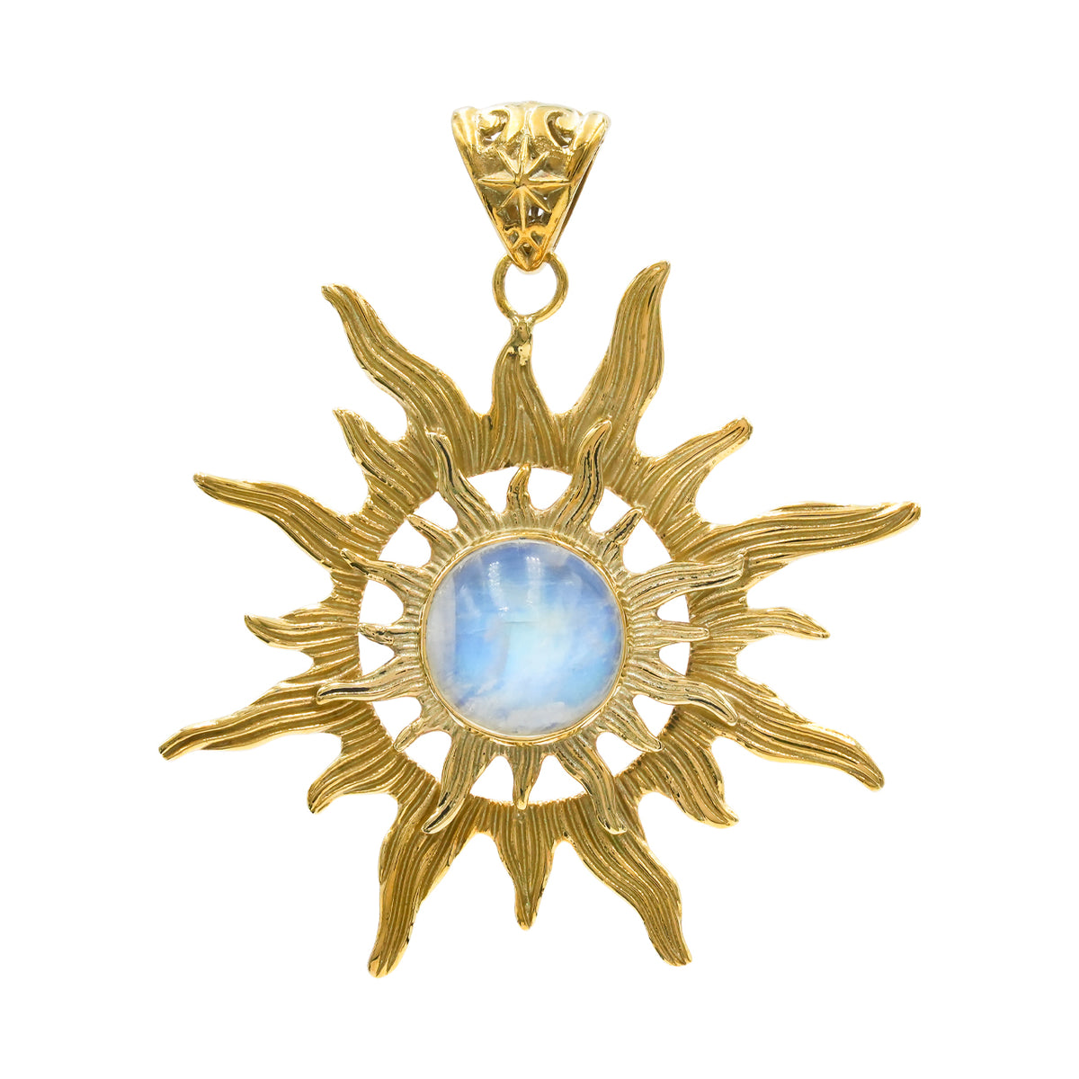 Starborn Rainbow Moonstone Sunburst Pendant in Nordic Gold