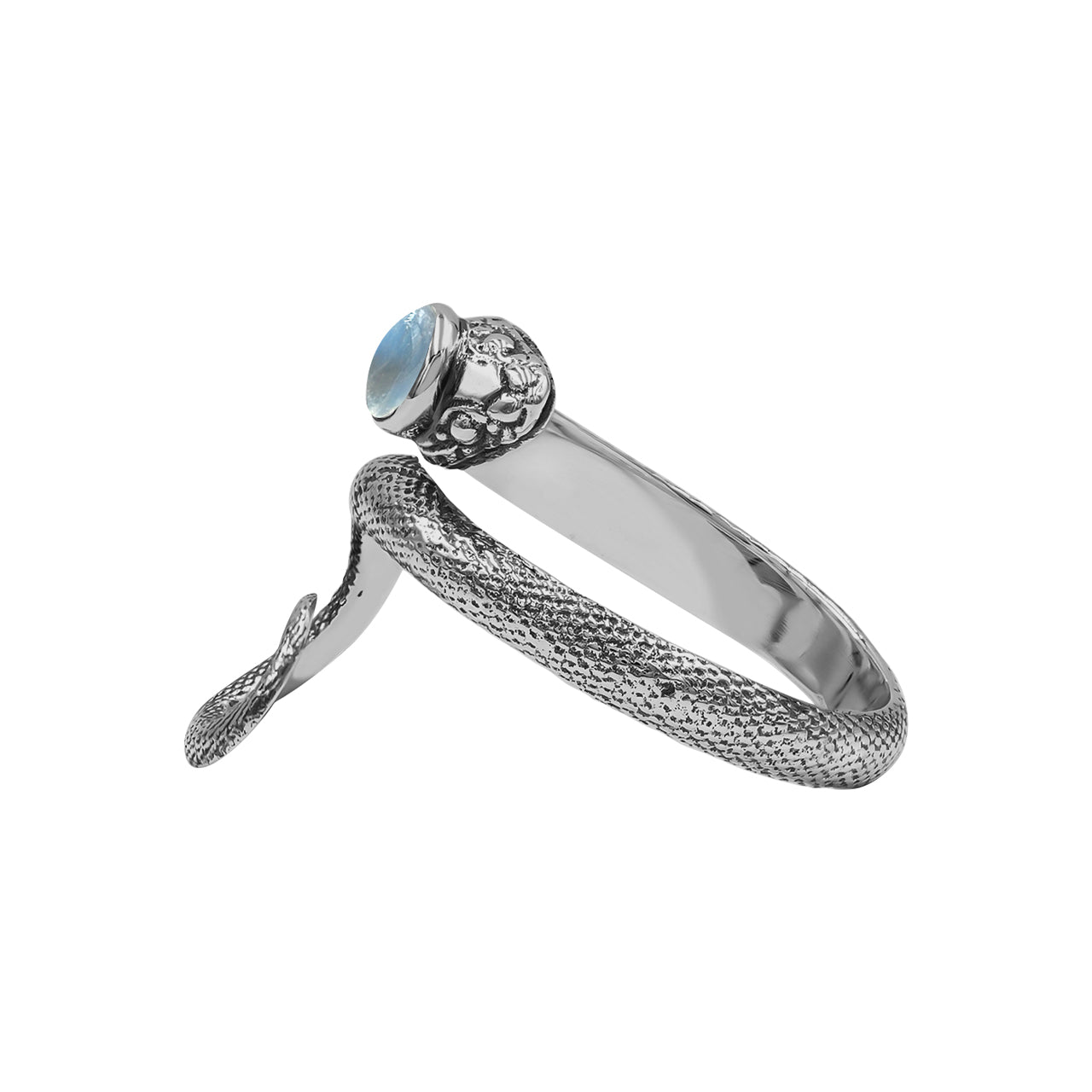 Starborn Coiled Snake Ring with Cabochon Rainbow Moonstone in Sterling Silver