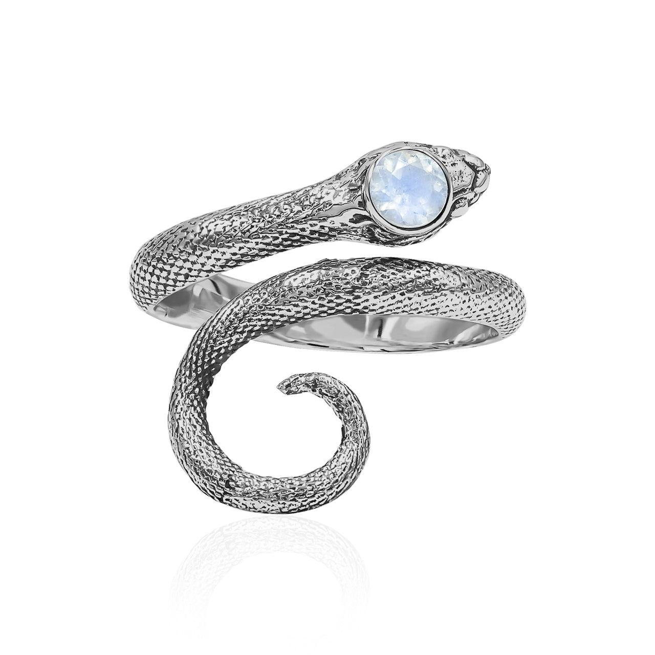 Starborn Coiled Snake Ring with Faceted Rainbow Moonstone in Sterling Silver