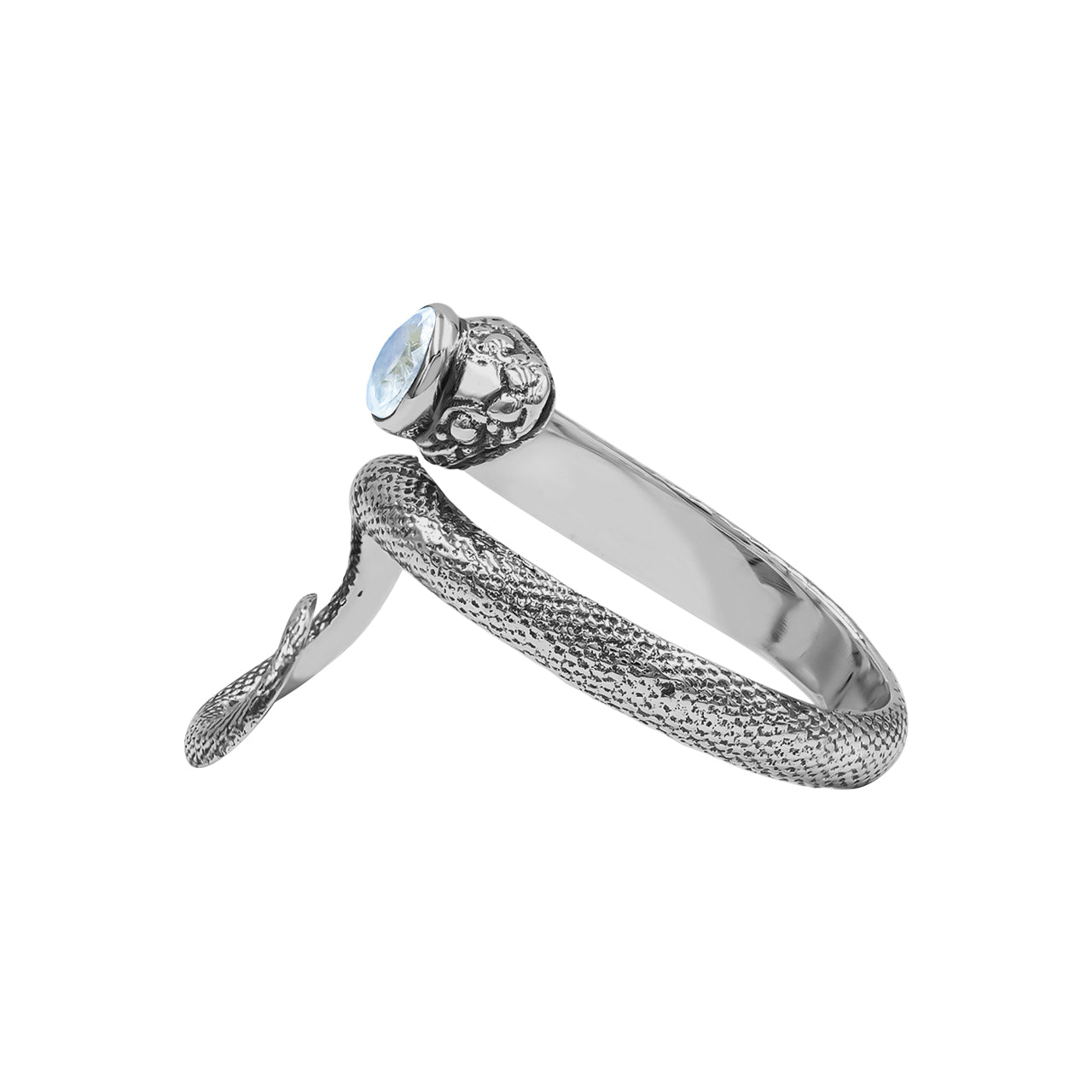 Starborn Coiled Snake Ring with Faceted Rainbow Moonstone in Sterling Silver