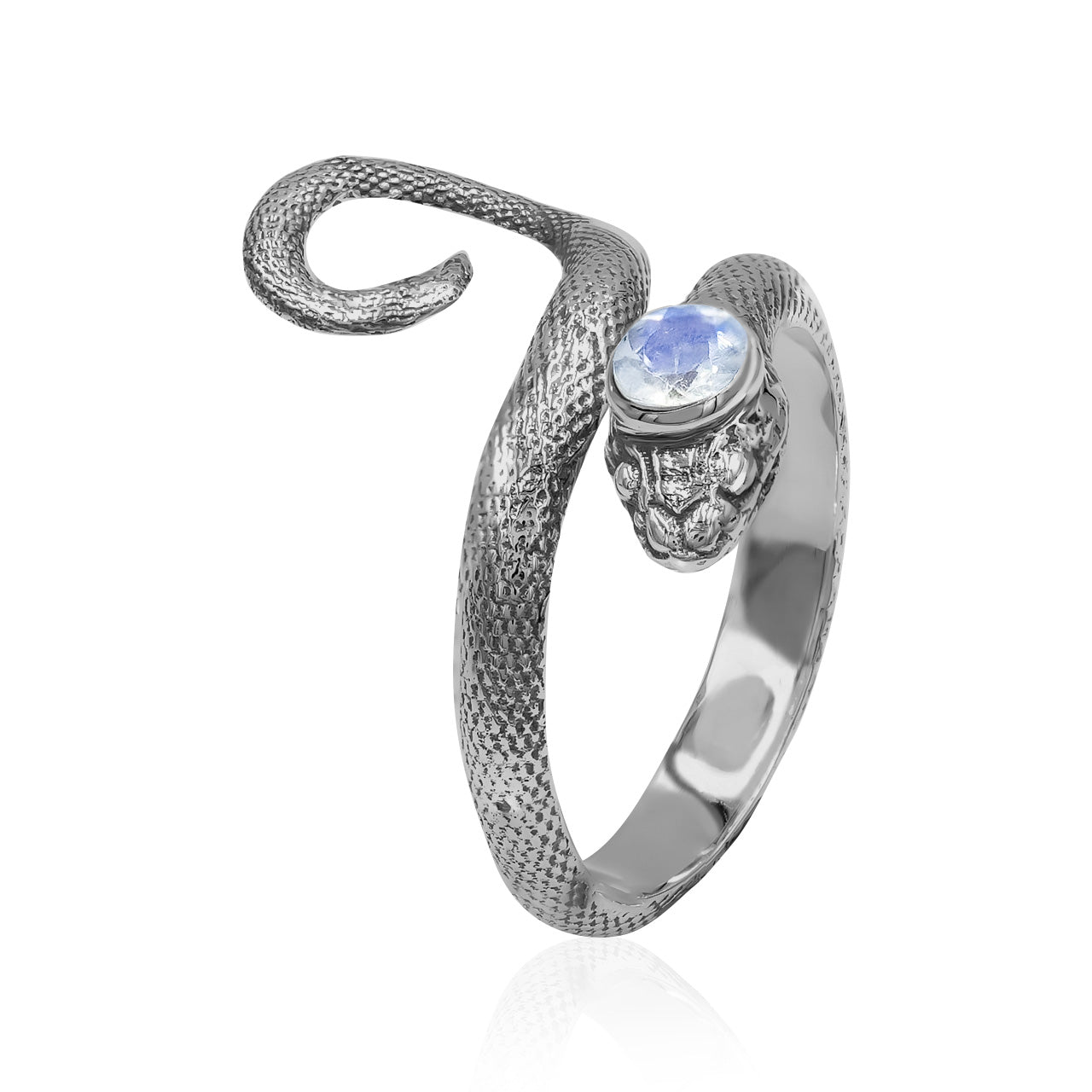 Starborn Coiled Snake Ring with Faceted Rainbow Moonstone in Sterling Silver