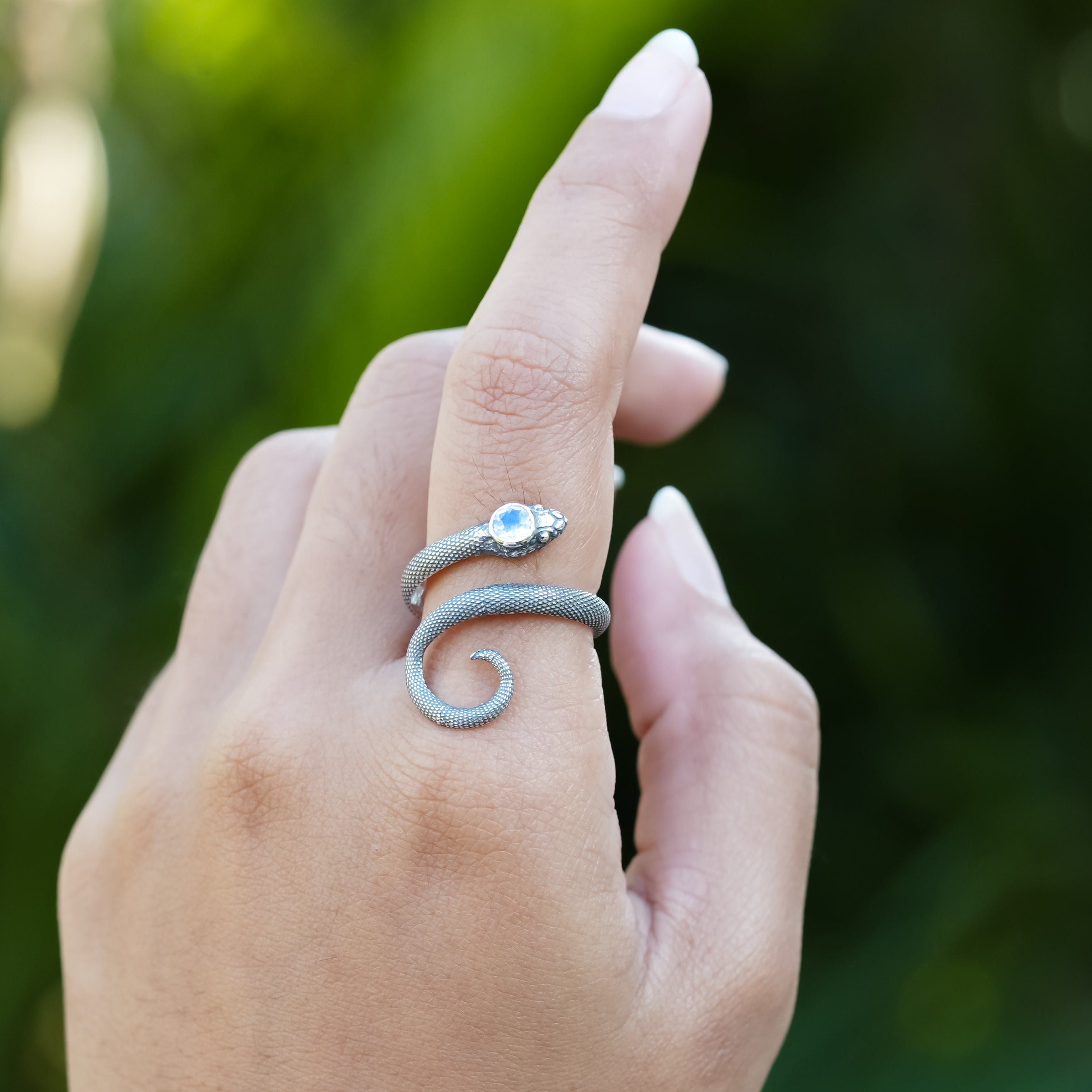 Starborn Coiled Snake Ring with Faceted Rainbow Moonstone in Sterling Silver