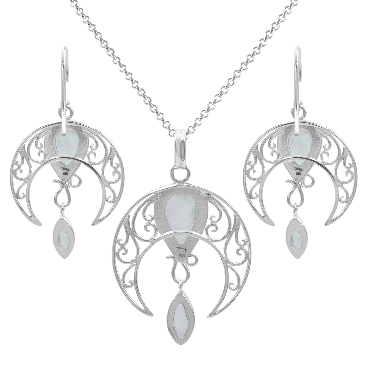 Starborn Rainbow Moonstone Celestial Pendant and Earring Set in Sterling Silver