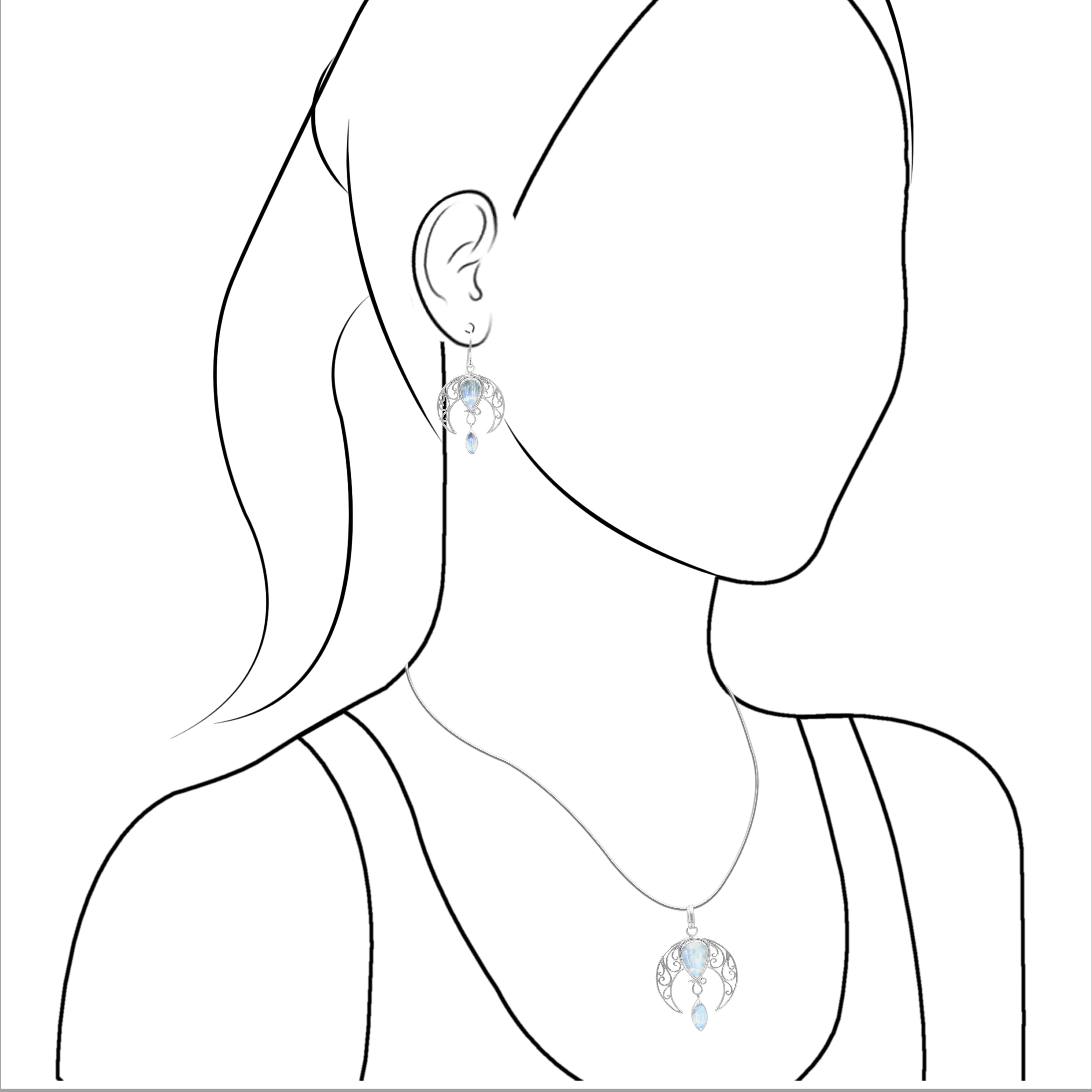 Starborn Rainbow Moonstone Celestial Pendant and Earring Set in Sterling Silver