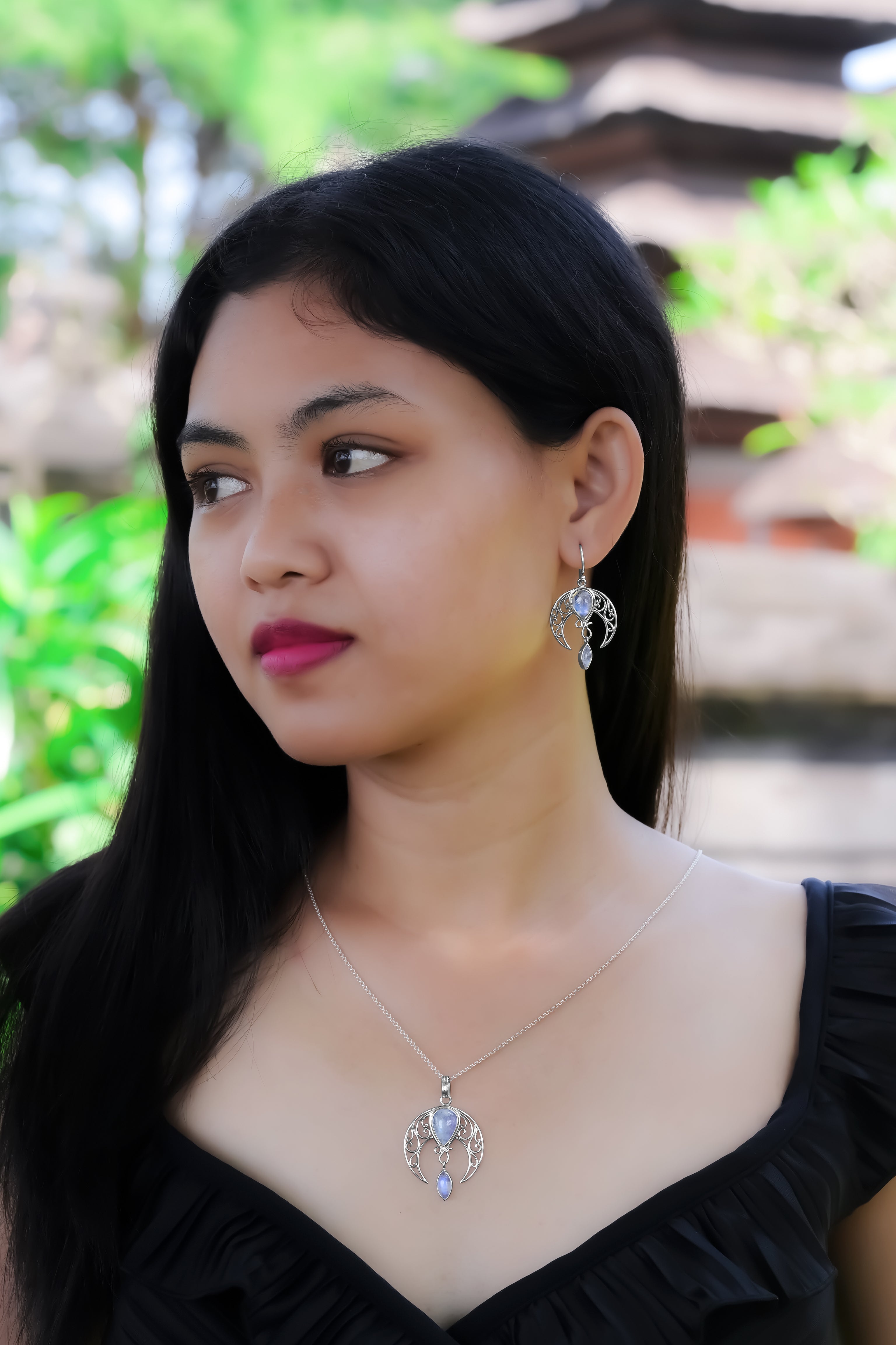 Starborn Rainbow Moonstone Celestial Pendant and Earring Set in Sterling Silver