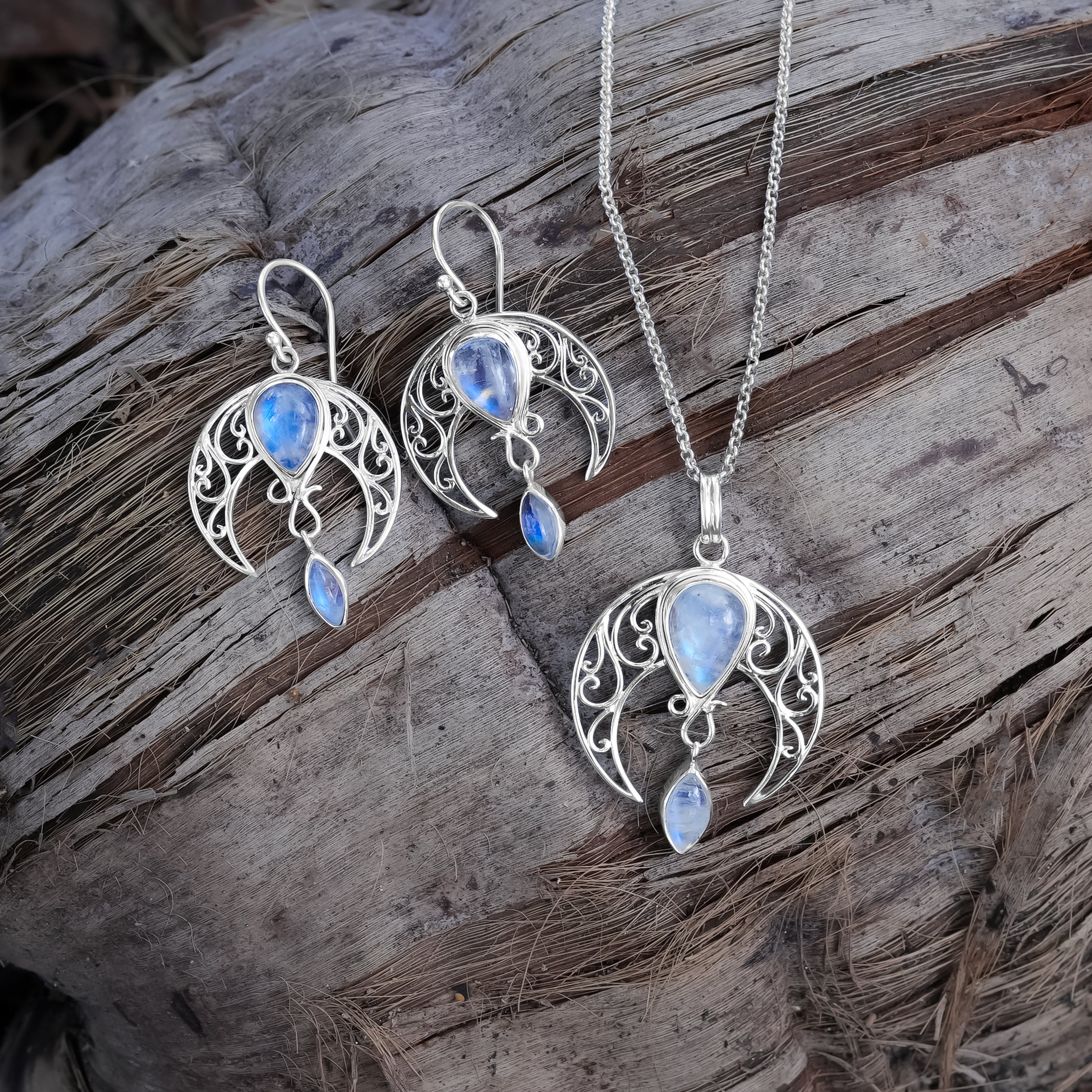 Starborn Rainbow Moonstone Celestial Pendant and Earring Set in Sterling Silver