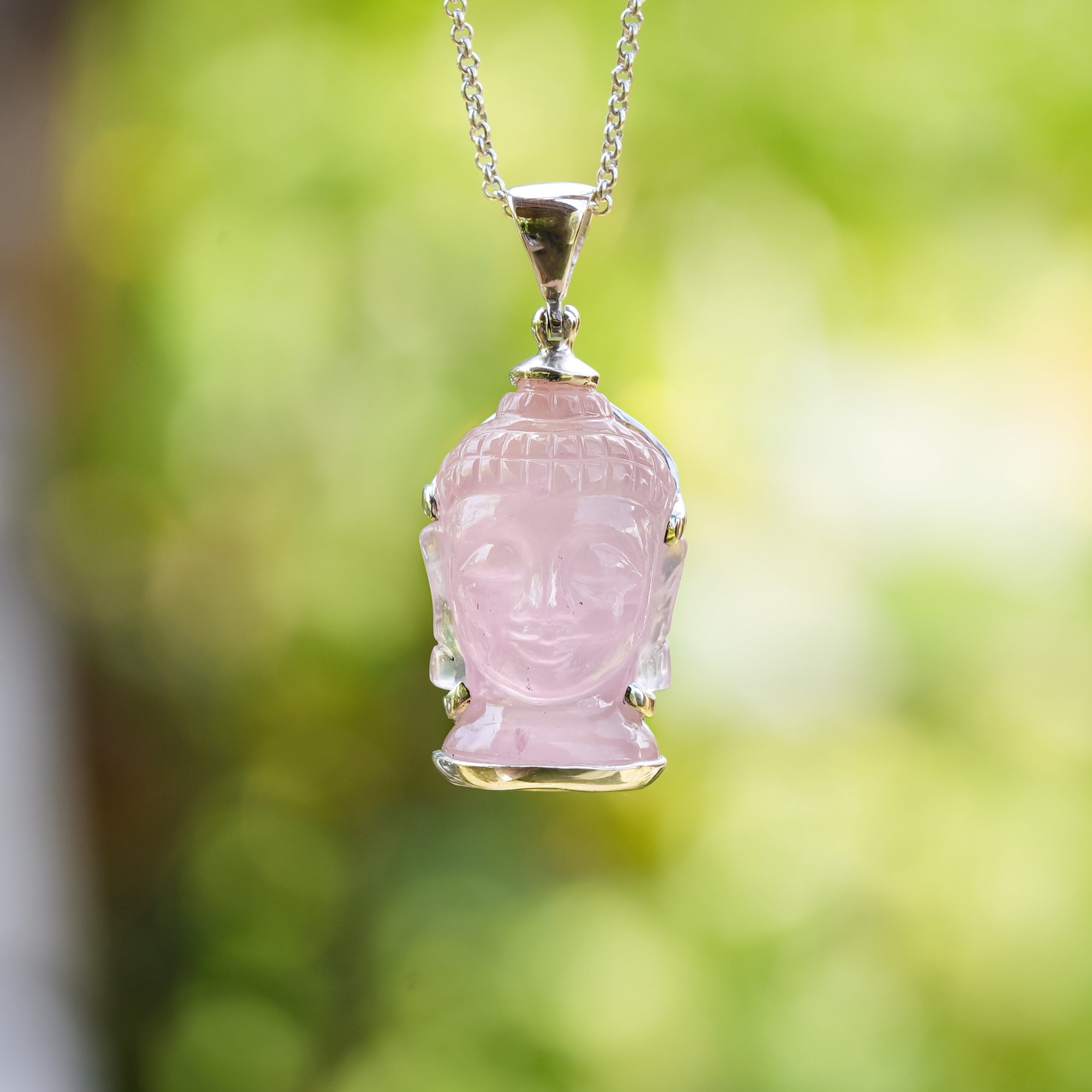 Starborn Carved Gemstone Buddha Head Pendant in Sterling Silver