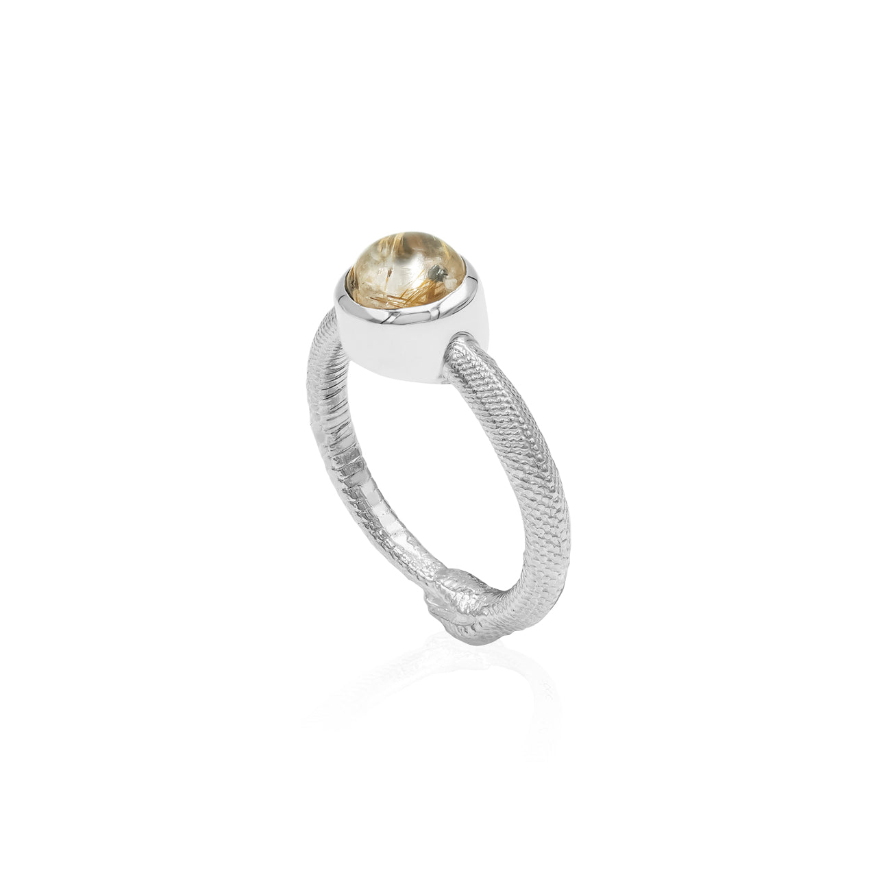 Starborn Ouroboros Ring with Round Rutilated Quartz in Sterling Silver