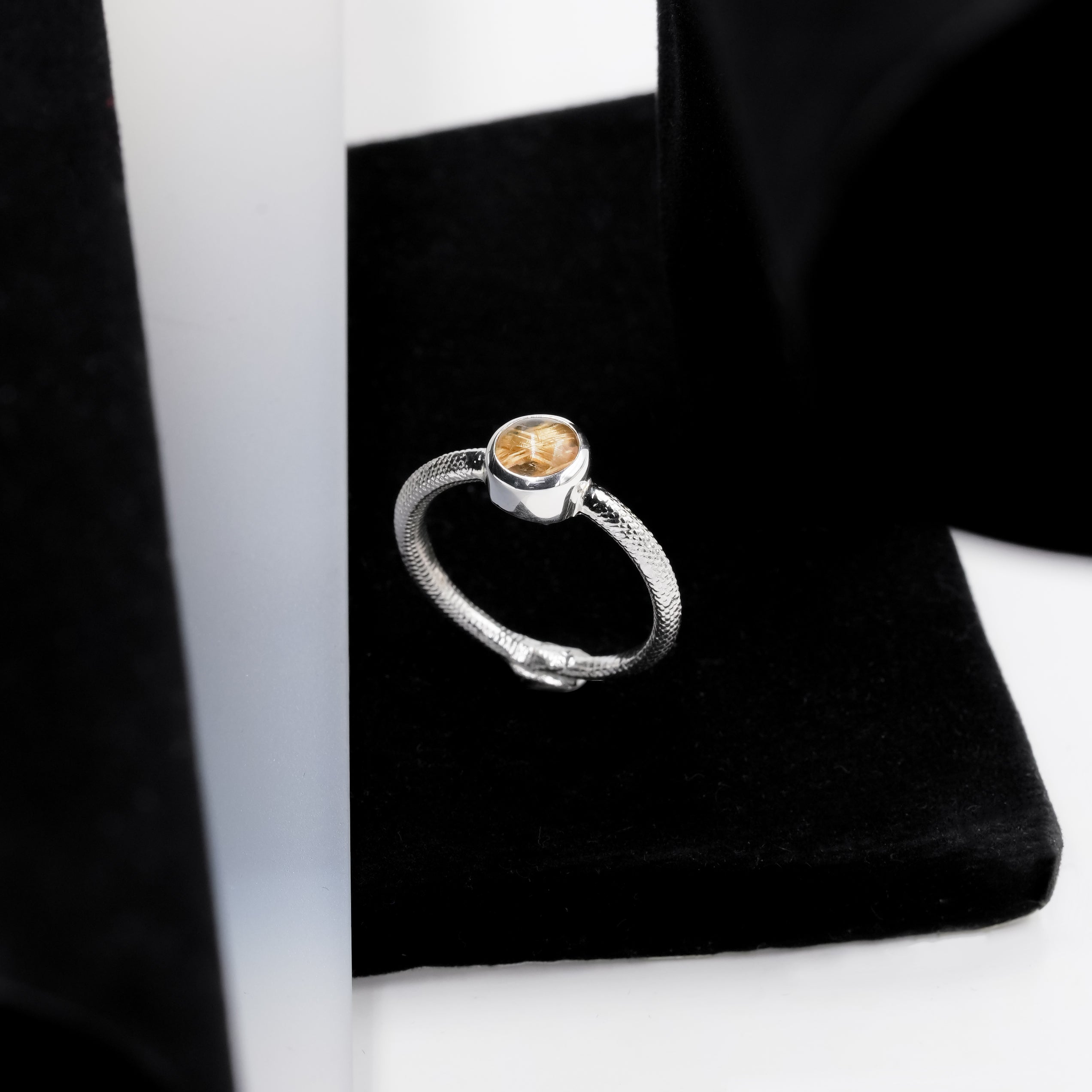 Starborn Ouroboros Ring with Round Rutilated Quartz in Sterling Silver