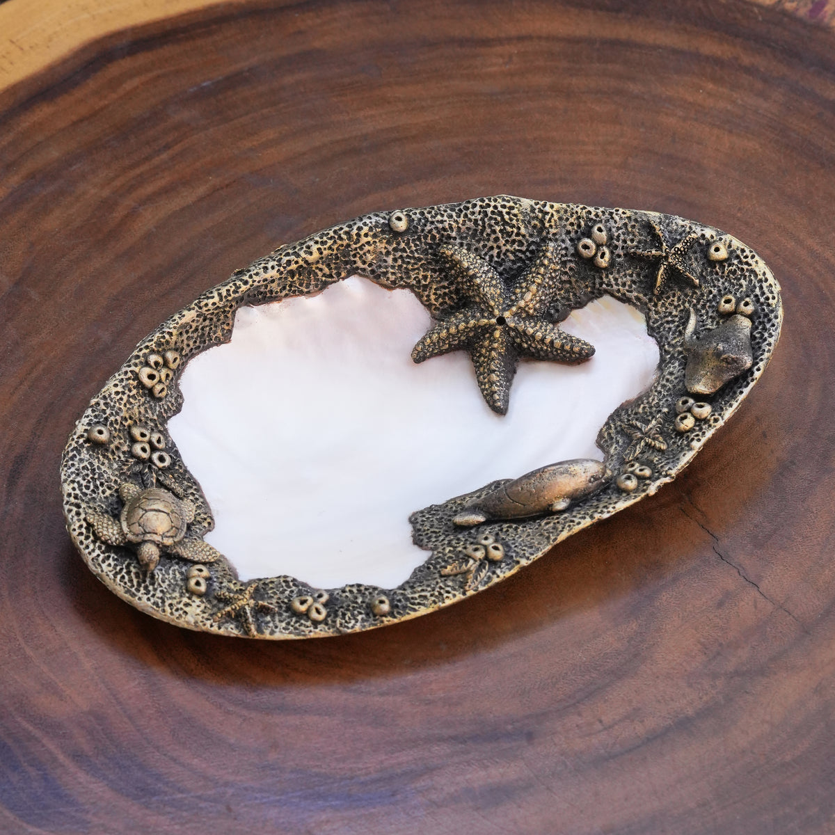 Starborn Pearl Mussel Shell Incense Holder with Hand-Carved Sea Life Clay Art