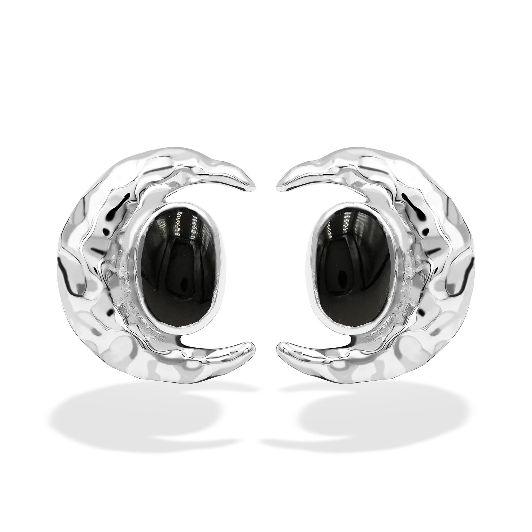 Starborn Polished Elite Shungite Oval Post Earrings with Crescent Moon Accent in Sterling Silver