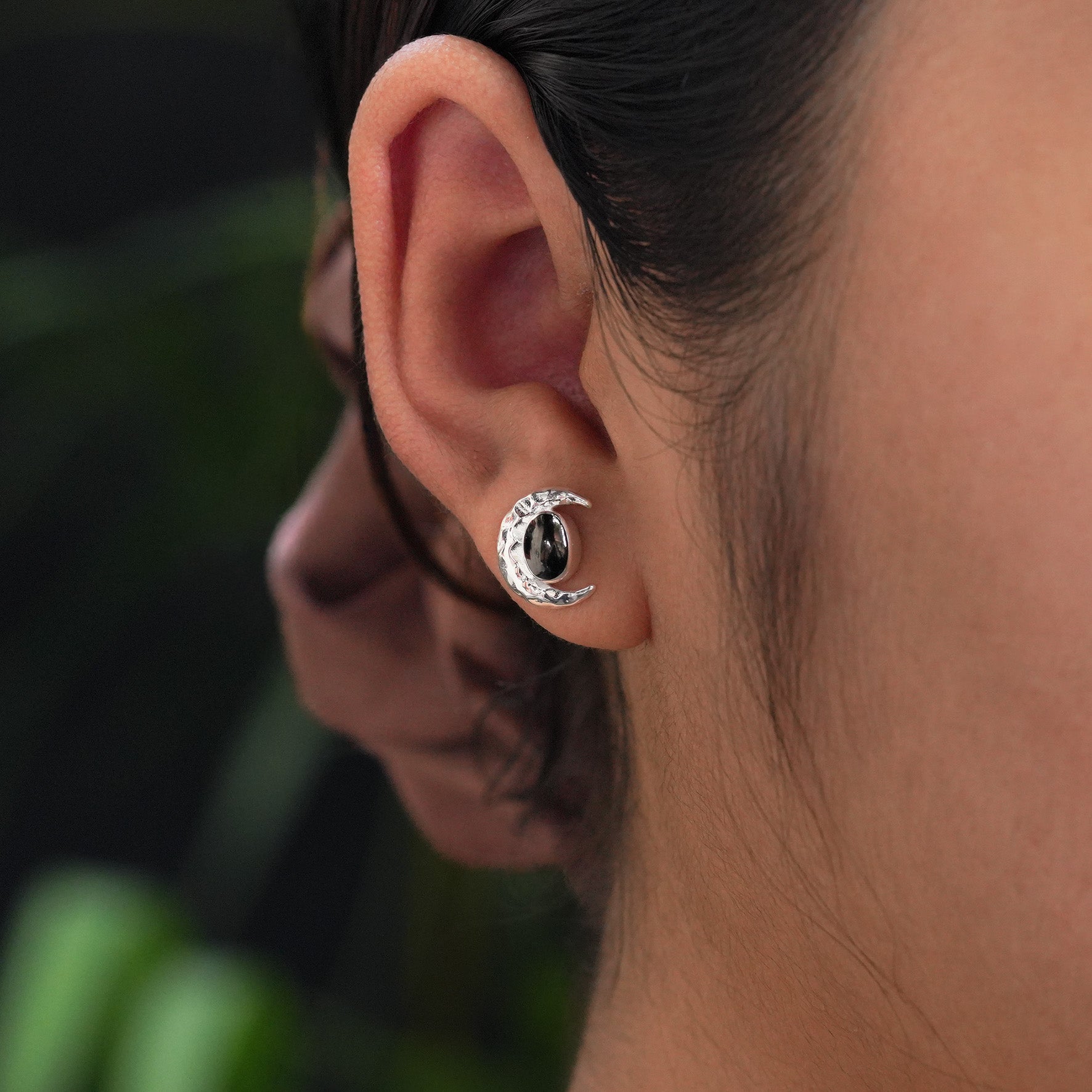 Starborn Polished Elite Shungite Oval Post Earrings with Crescent Moon Accent in Sterling Silver