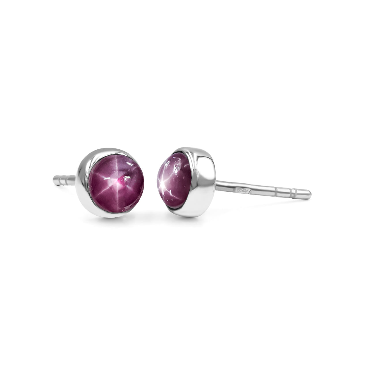 Starborn Star Ruby Round Cabochon Post Style Earrings in Sterling Silver