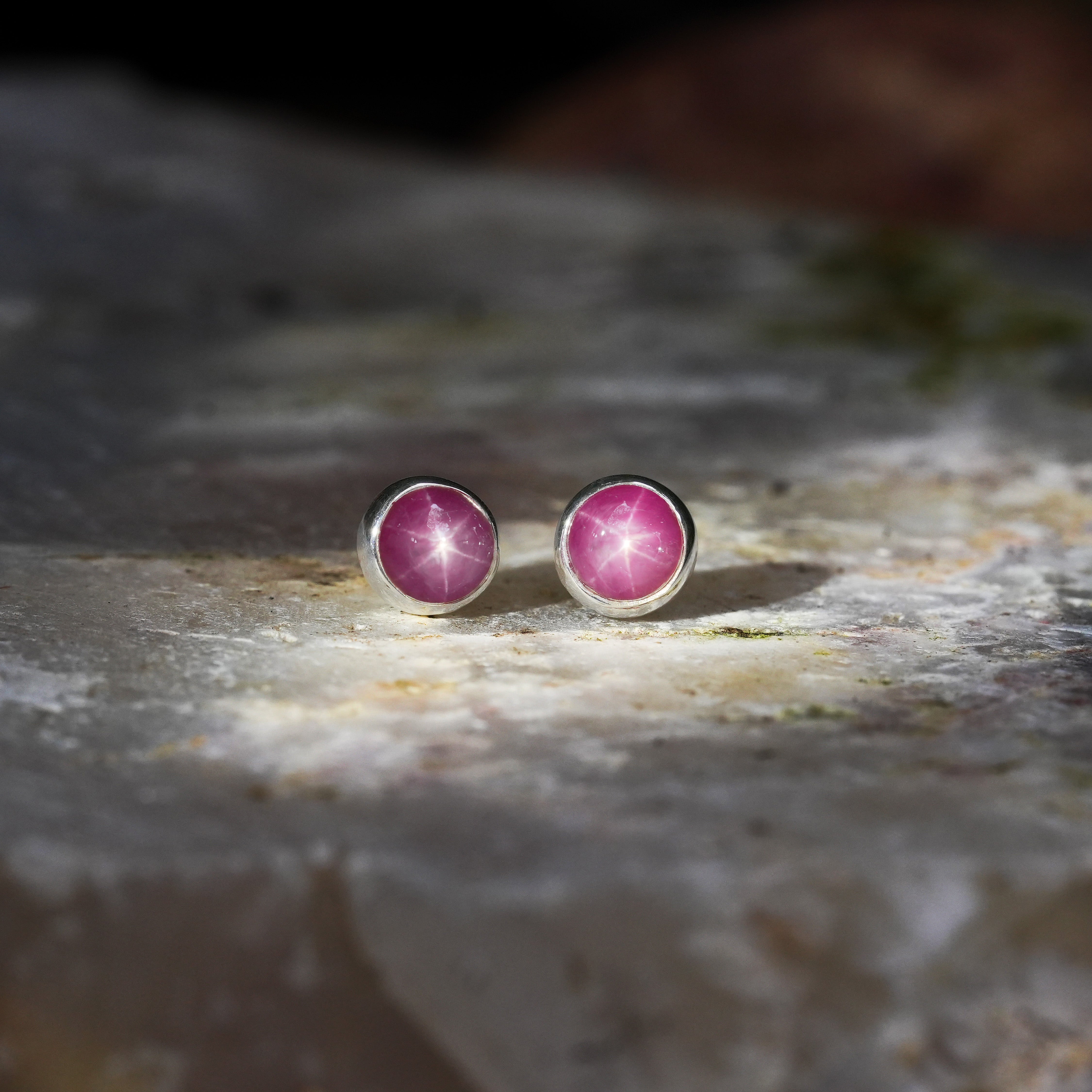 Starborn Star Ruby Round Cabochon Post Style Earrings in Sterling Silver