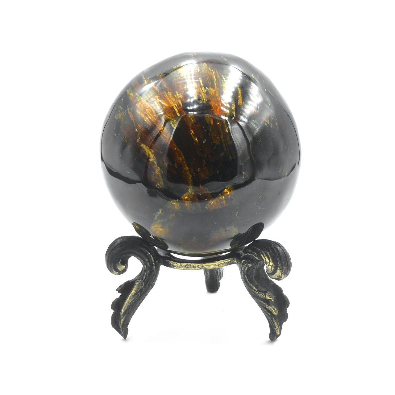 Esfera de exhibición ámbar de melena de león de Sumatra de Starborn con soporte de latón