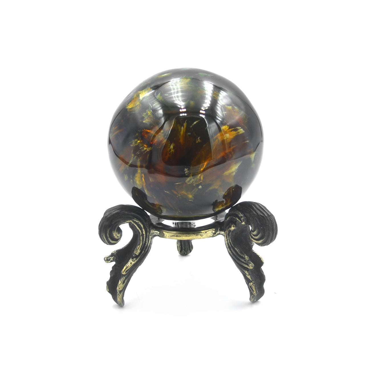 Esfera de exhibición ámbar de melena de león de Sumatra de Starborn con soporte de latón