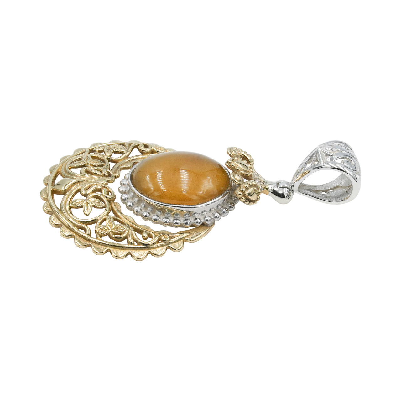 Starborn Sumatra Amber Floral Filigree Scrollwork Pendant in Sterling Silver & Nordic Gold