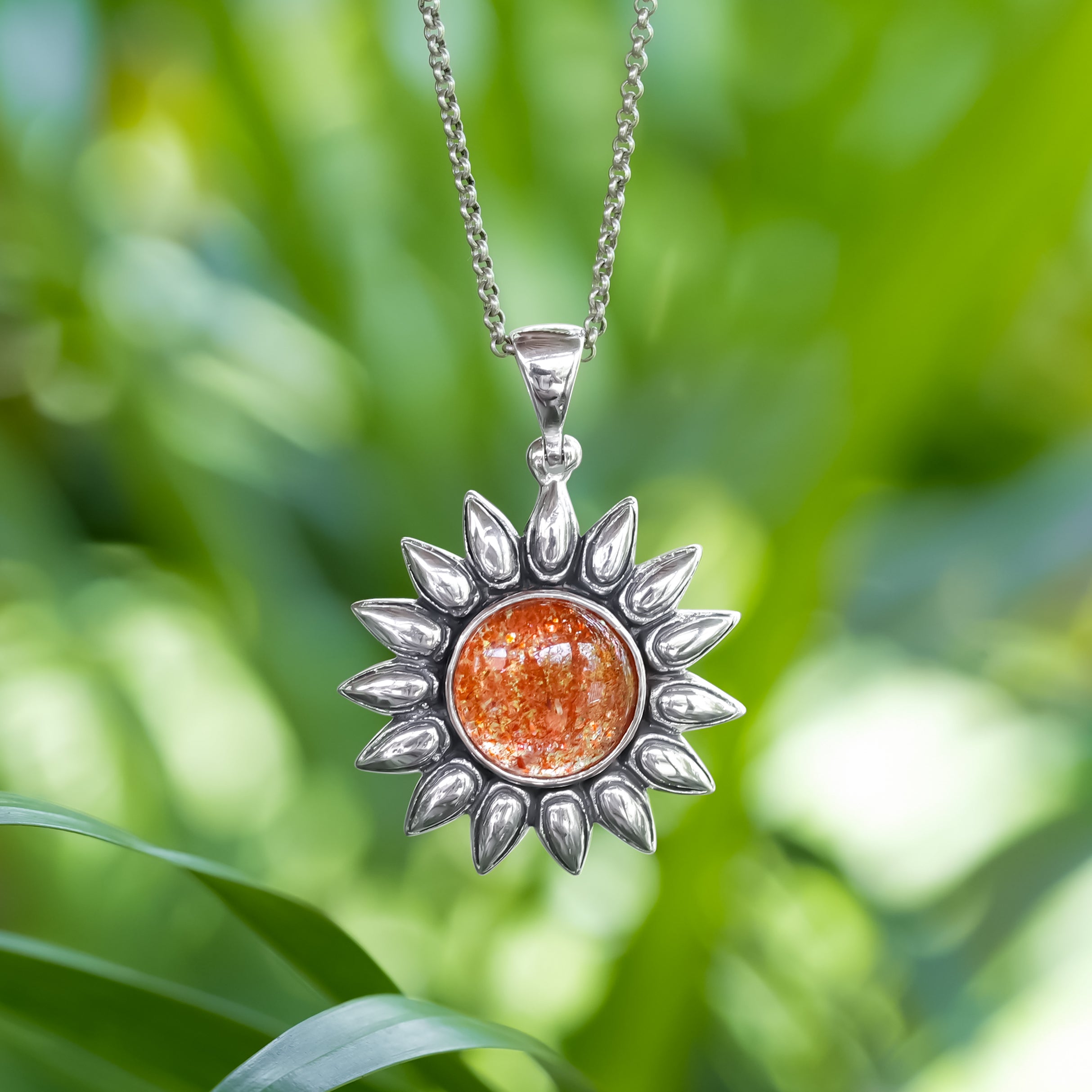 Starborn Sunstone Sunflower Pendant in Sterling Silver