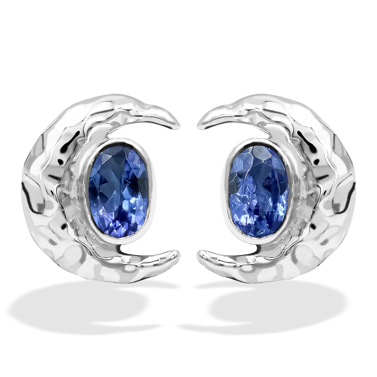 Starborn Faceted Oval Tanzanite Post Earrings with Hammered Crescent Moon Accent in Sterling Silver