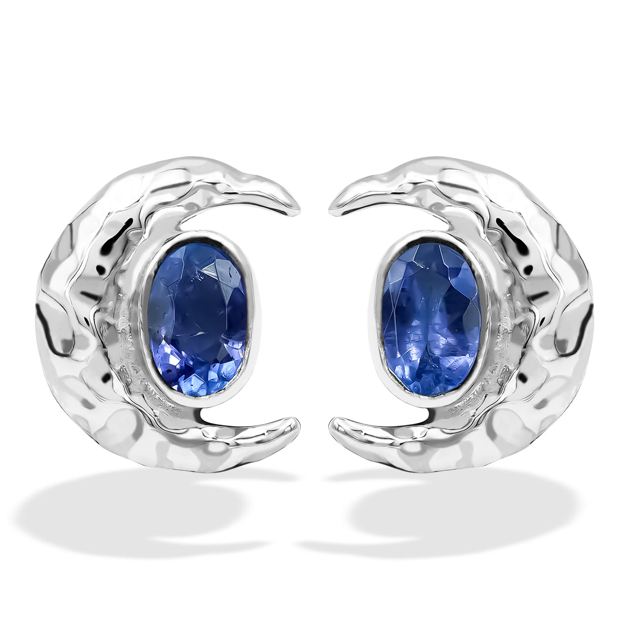 Starborn Faceted Oval Tanzanite Post Earrings with Hammered Crescent Moon Accent in Sterling Silver