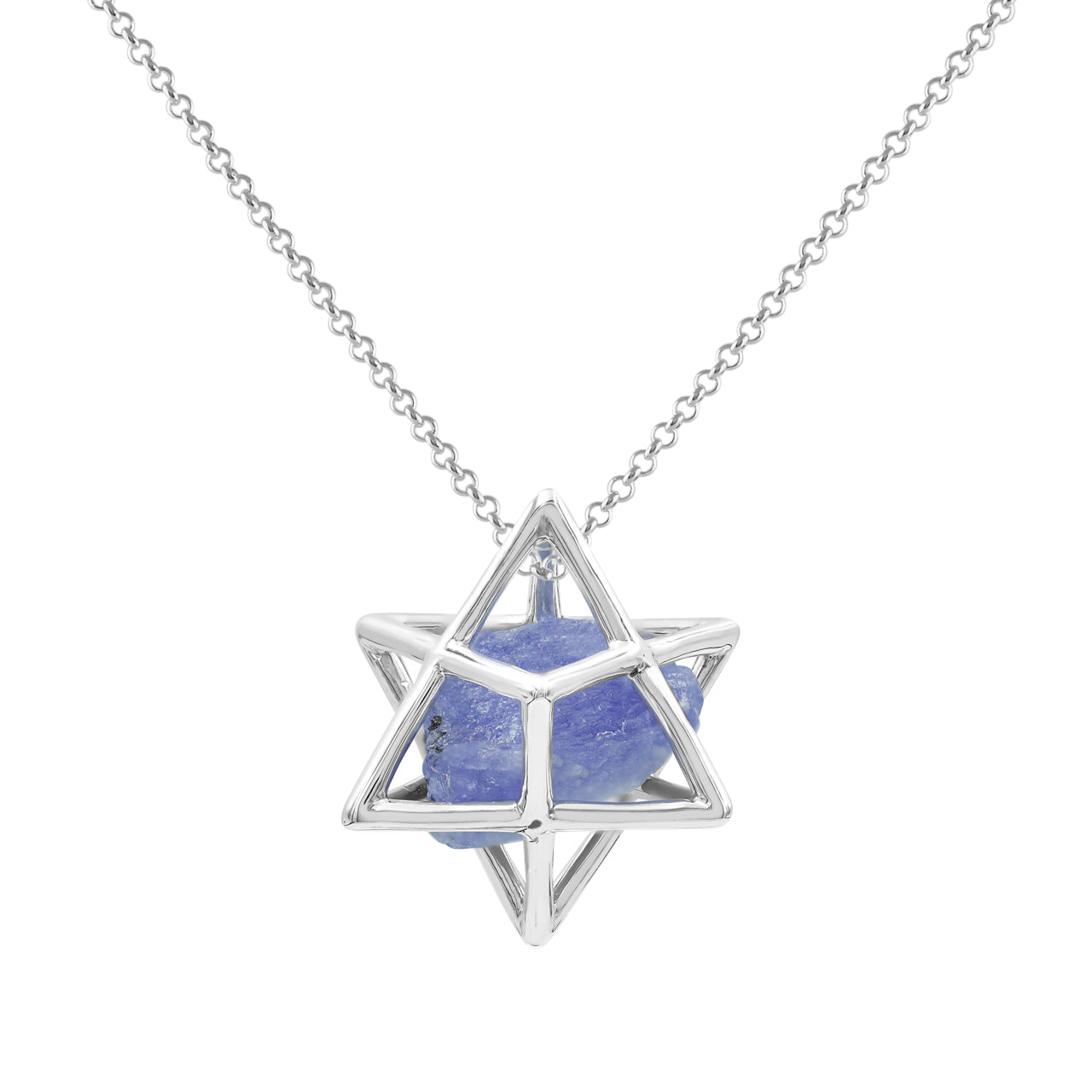 Starborn Natural Raw Tanzanite in Merkabah Sterling Silver Cage Pendant and Chain