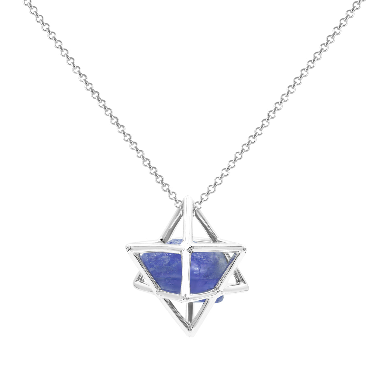 Starborn Natural Raw Tanzanite in Merkabah Sterling Silver Cage Pendant and Chain