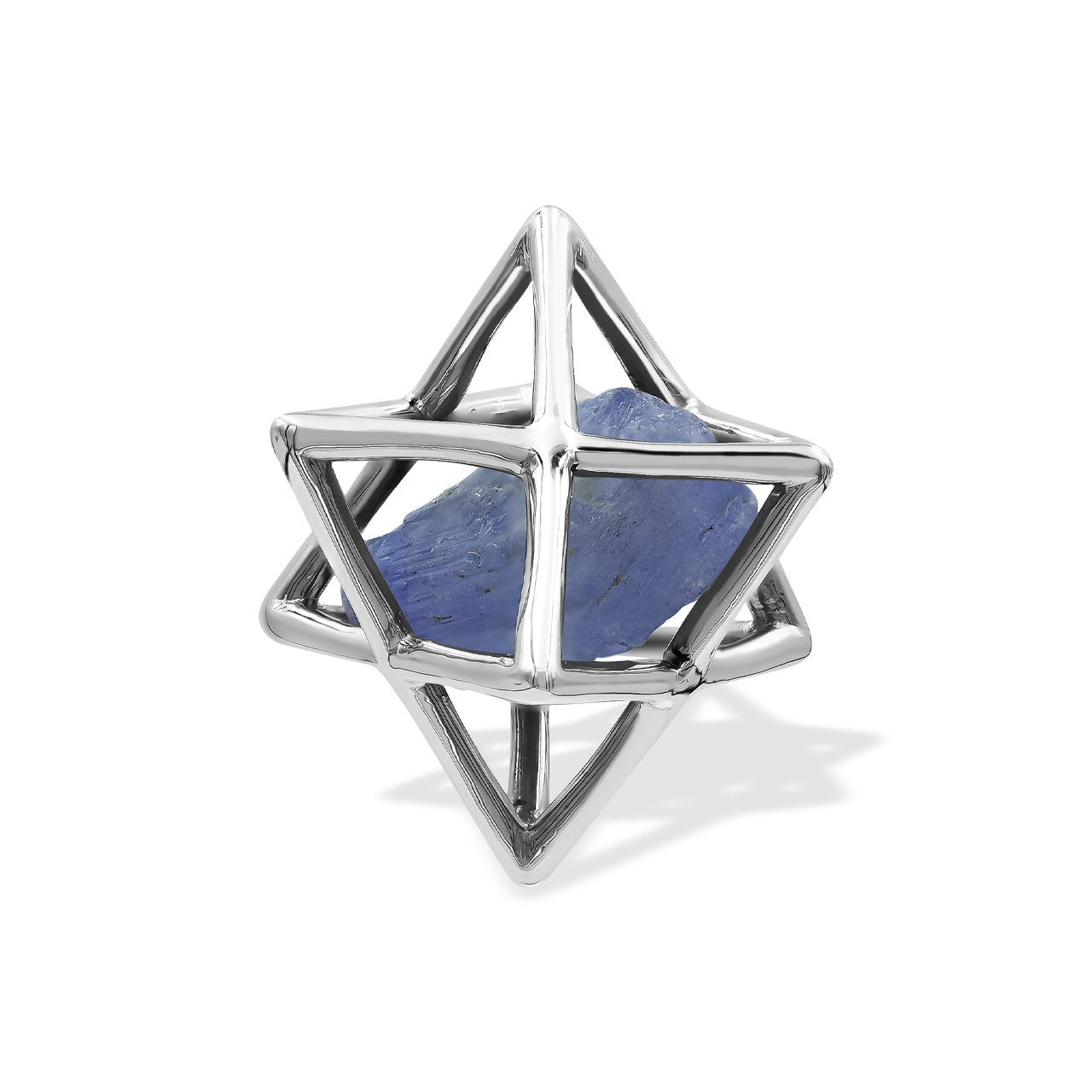 Starborn Natural Raw Tanzanite in Merkabah Sterling Silver Cage Pendant and Chain