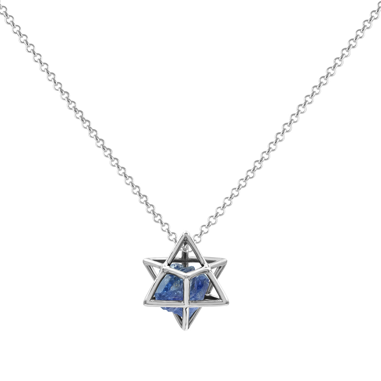 Starborn Natural Raw Tanzanite in Merkabah Sterling Silver Cage Pendant and Chain