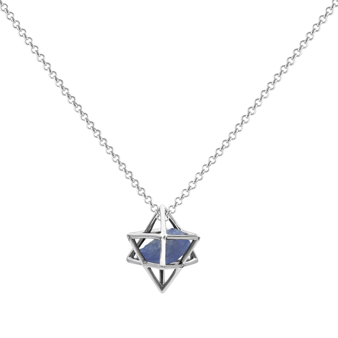 Starborn Natural Raw Tanzanite in Merkabah Sterling Silver Cage Pendant and Chain