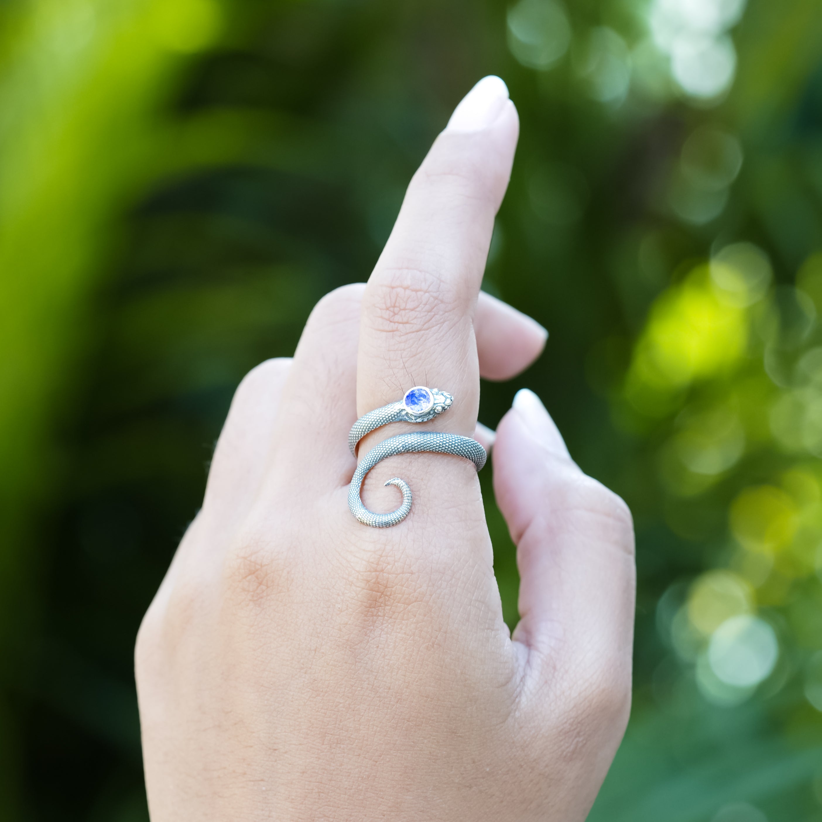 Starborn Coiled Snake Ring with Faceted Tanzanite Gemstone in Sterling Silver