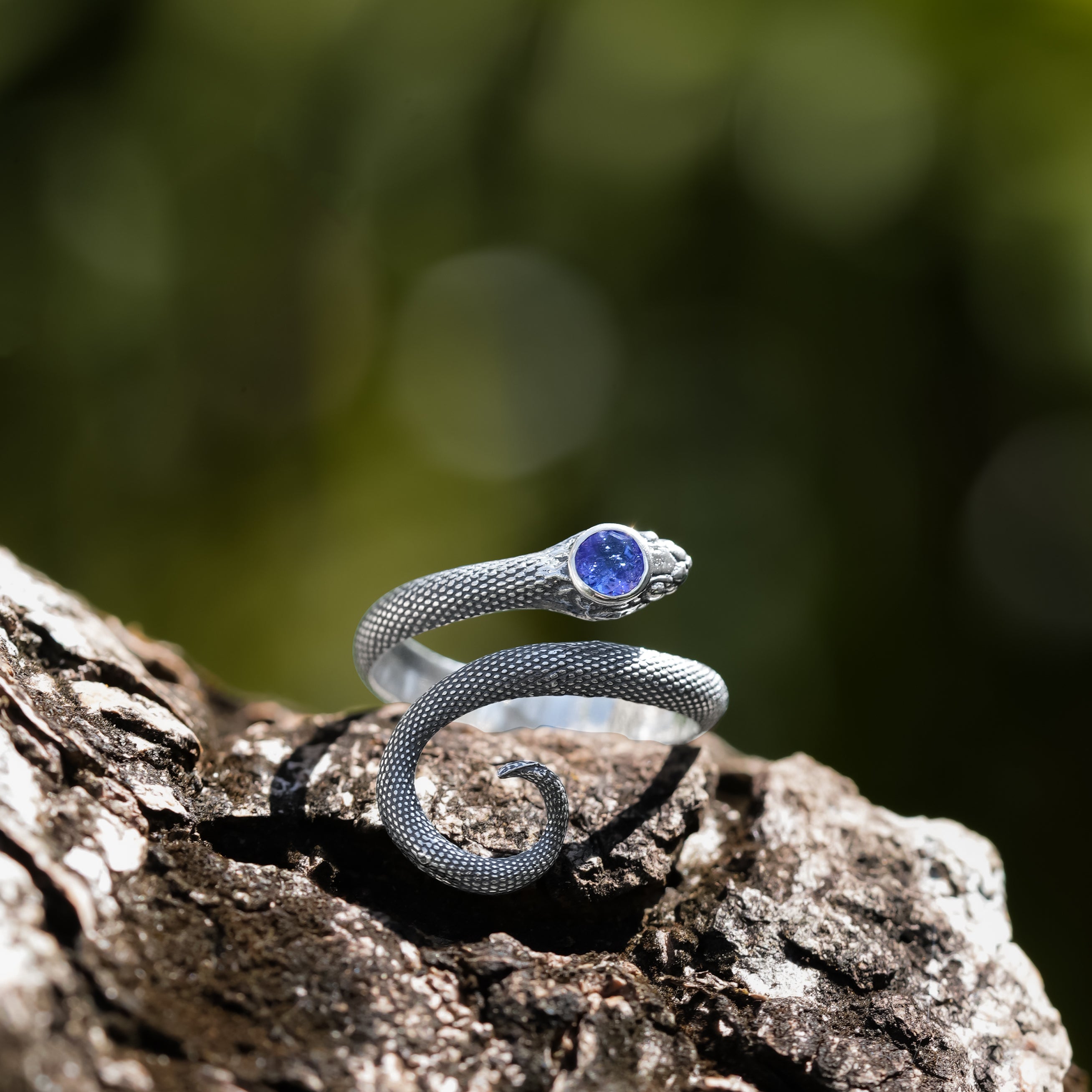 Starborn Coiled Snake Ring with Faceted Tanzanite Gemstone in Sterling Silver