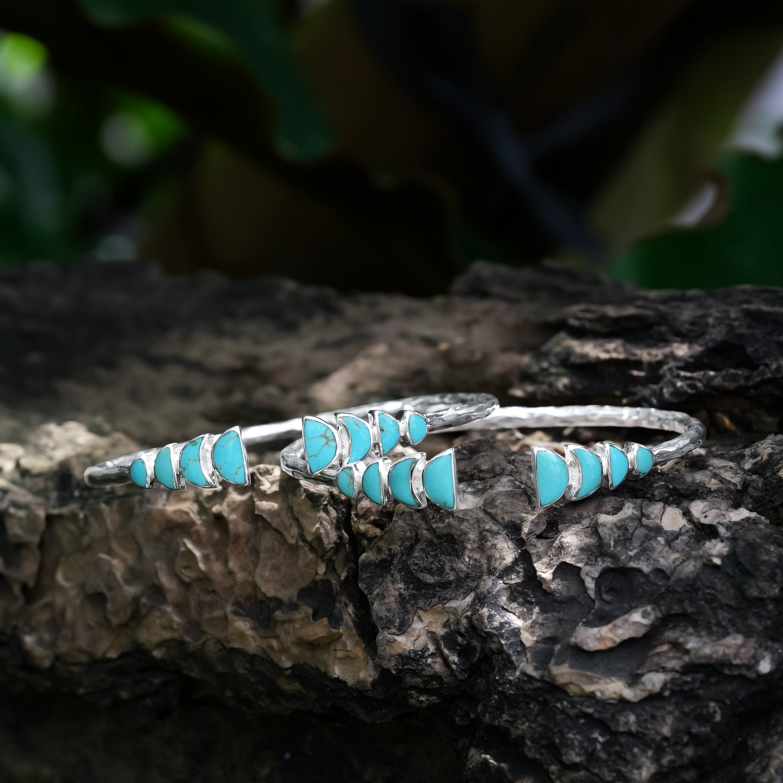 Starborn Sleeping Beauty Turquoise with Partial Lunar Eclipse Design Open Bangle Bracelet in Sterling Silver