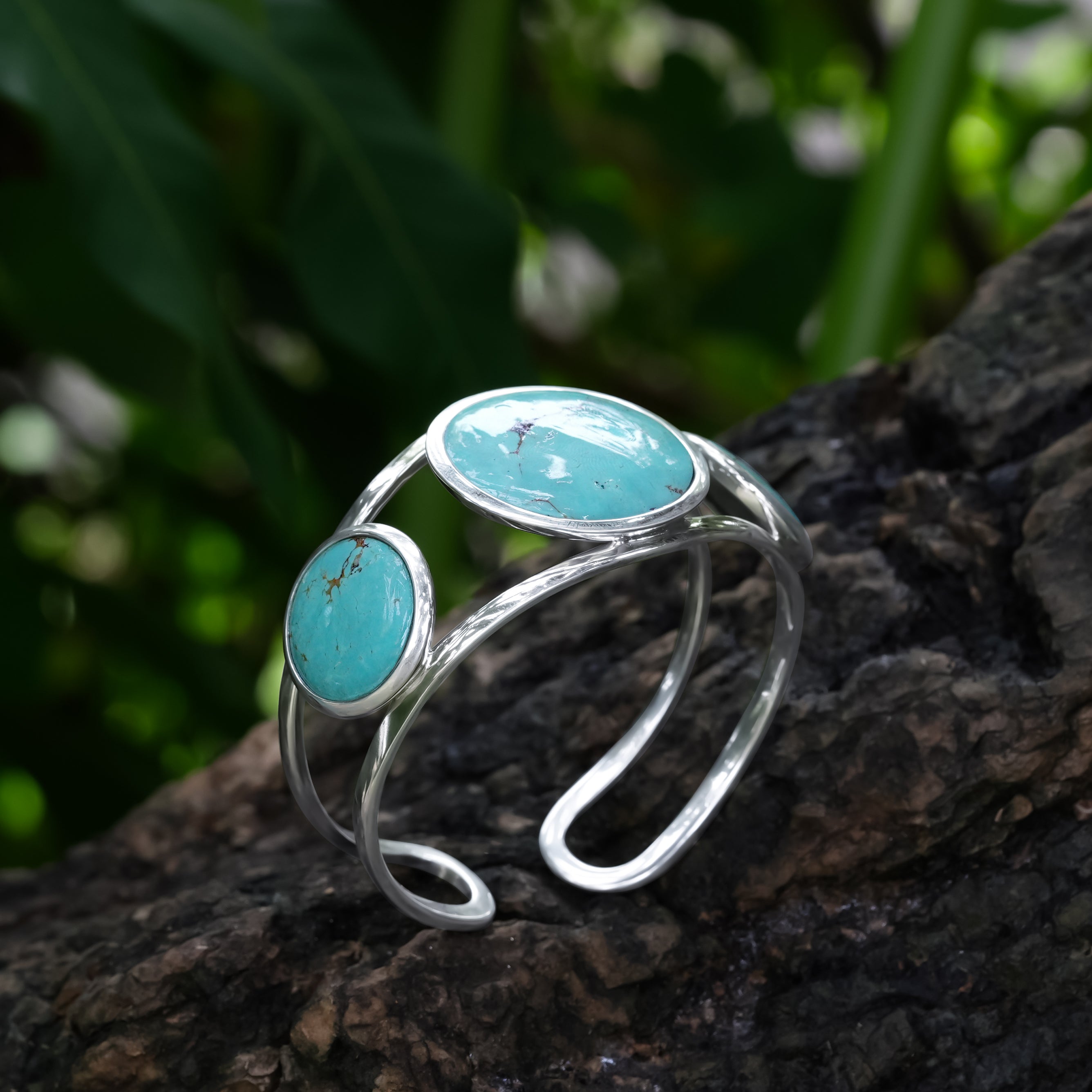 Starborn Turquoise Cuff Bracelet Inlaid with Three Gemstones in Sterling Silver