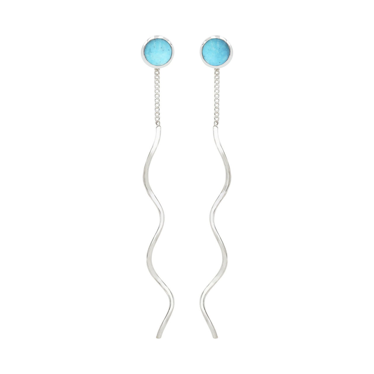 Starborn Polished Turquoise Stud Earrings with Flowing Curled Wire Drop in Sterling Silver
