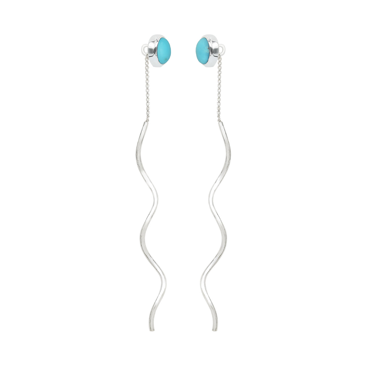 Starborn Polished Turquoise Stud Earrings with Flowing Curled Wire Drop in Sterling Silver