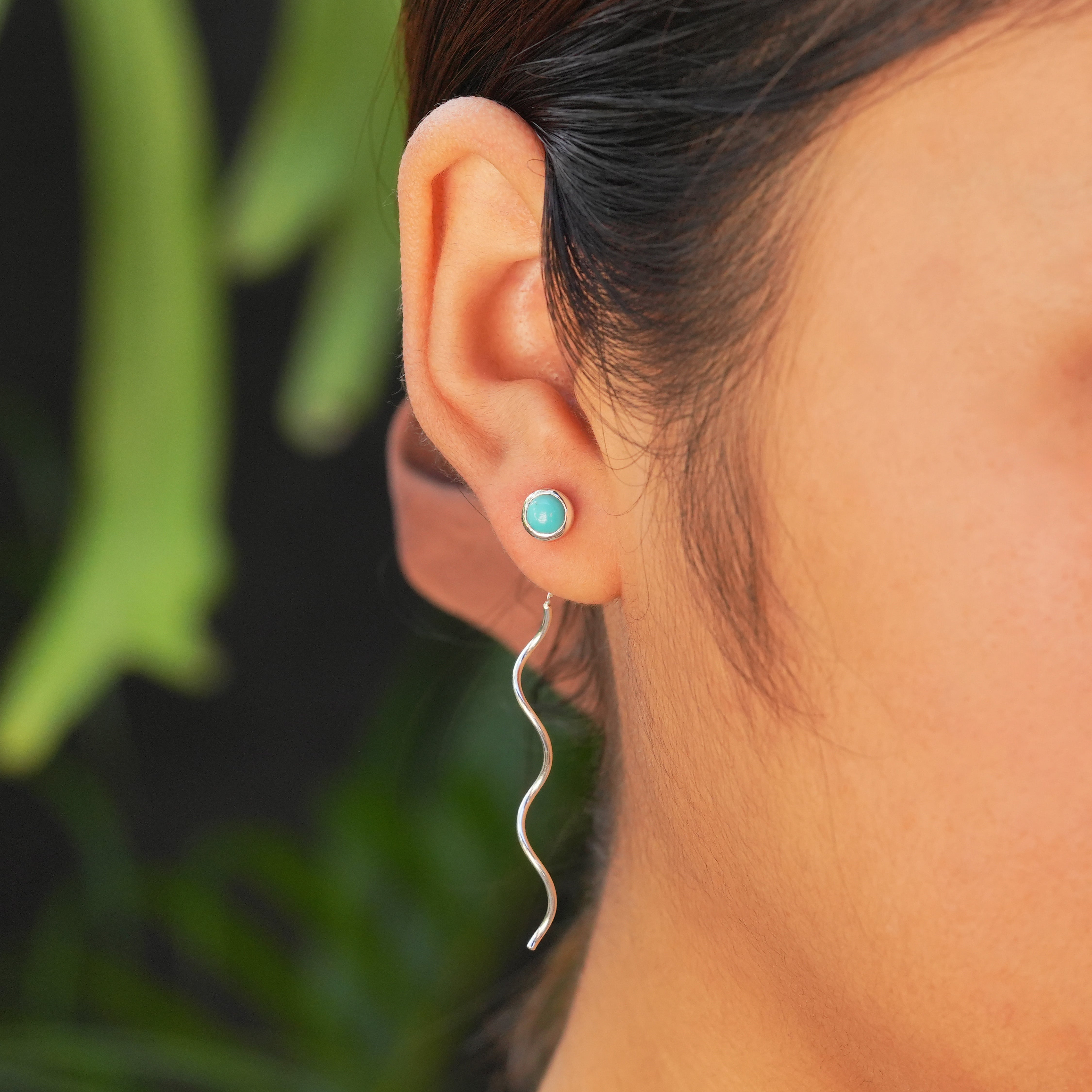 Starborn Polished Turquoise Stud Earrings with Flowing Curled Wire Drop in Sterling Silver