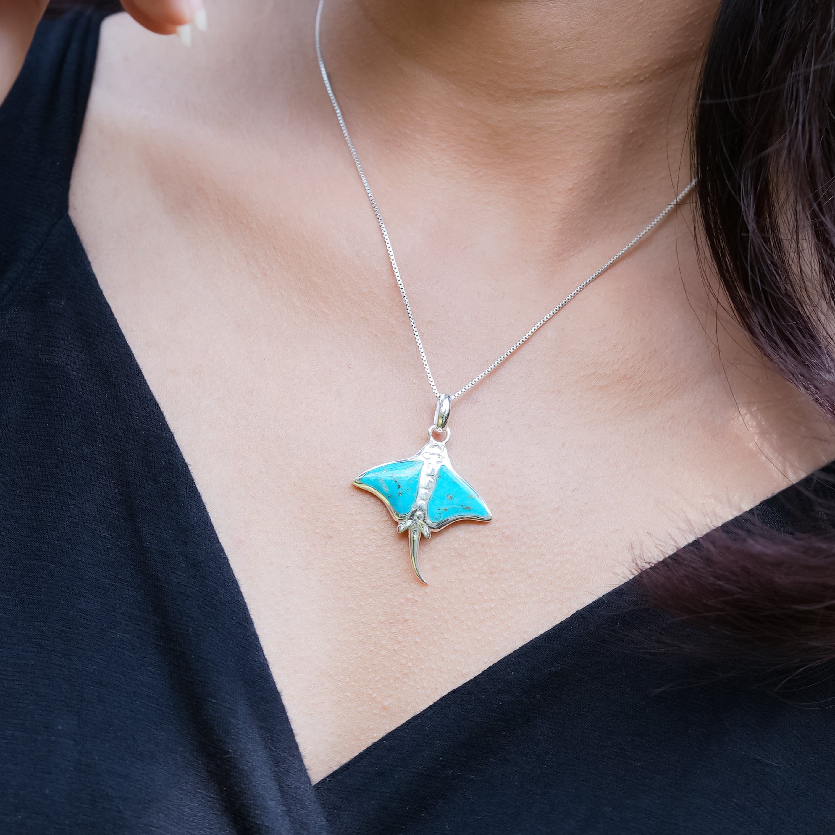 Starborn Manta Ray Turquoise Pendant in Sterling Silver