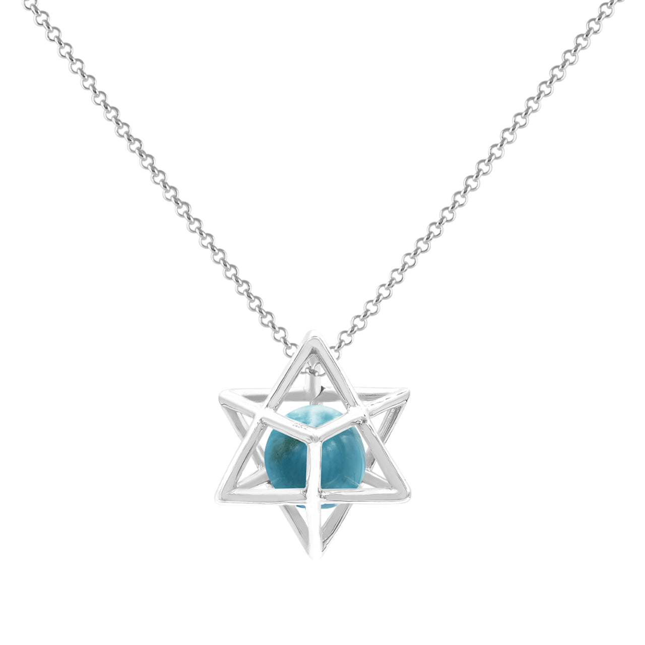 Starborn Merkabah Sterling Silver Cage Pendant and Chain with Turquoise Sphere