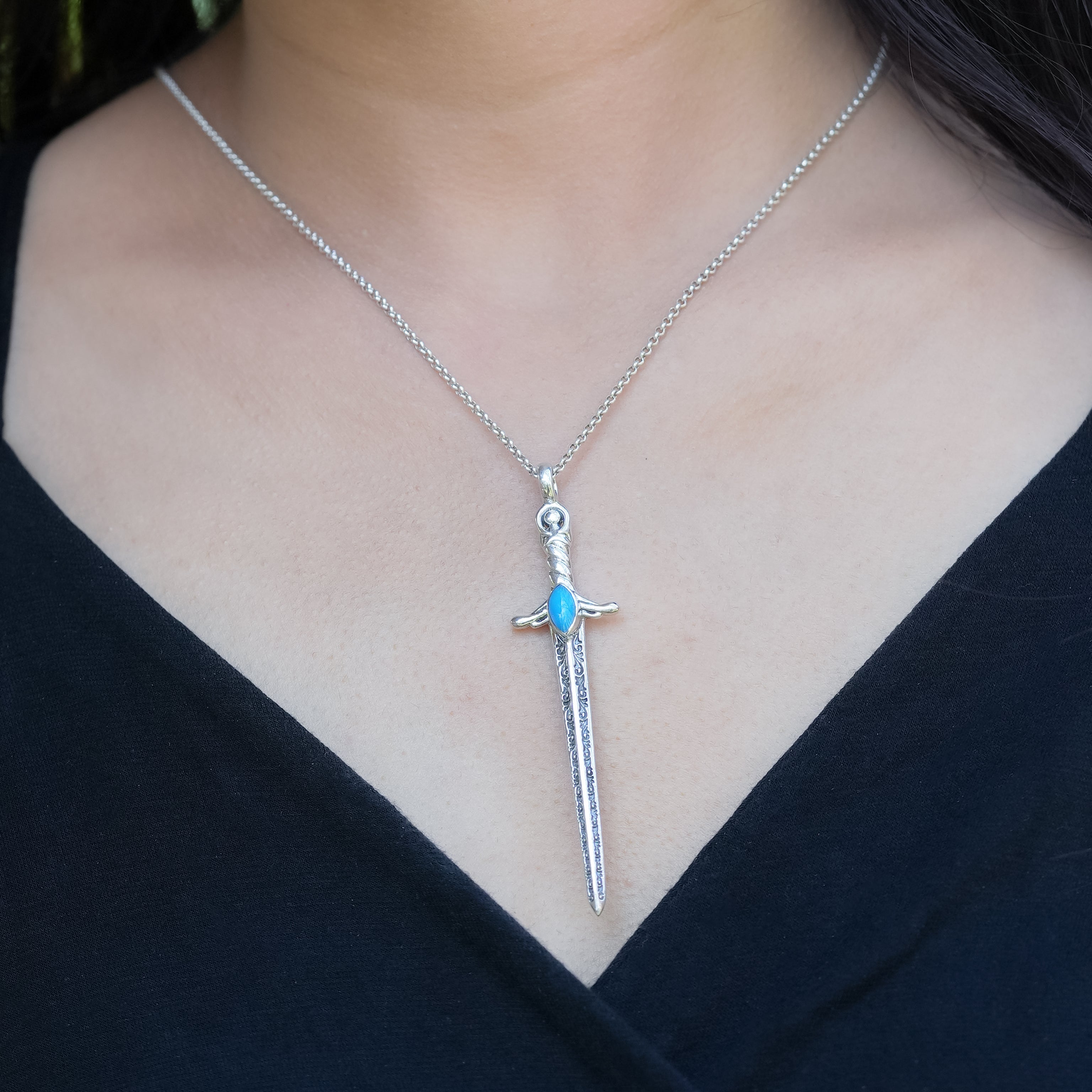 Starborn Sleeping Beauty Turquoise Sword Pendant in Sterling Silver